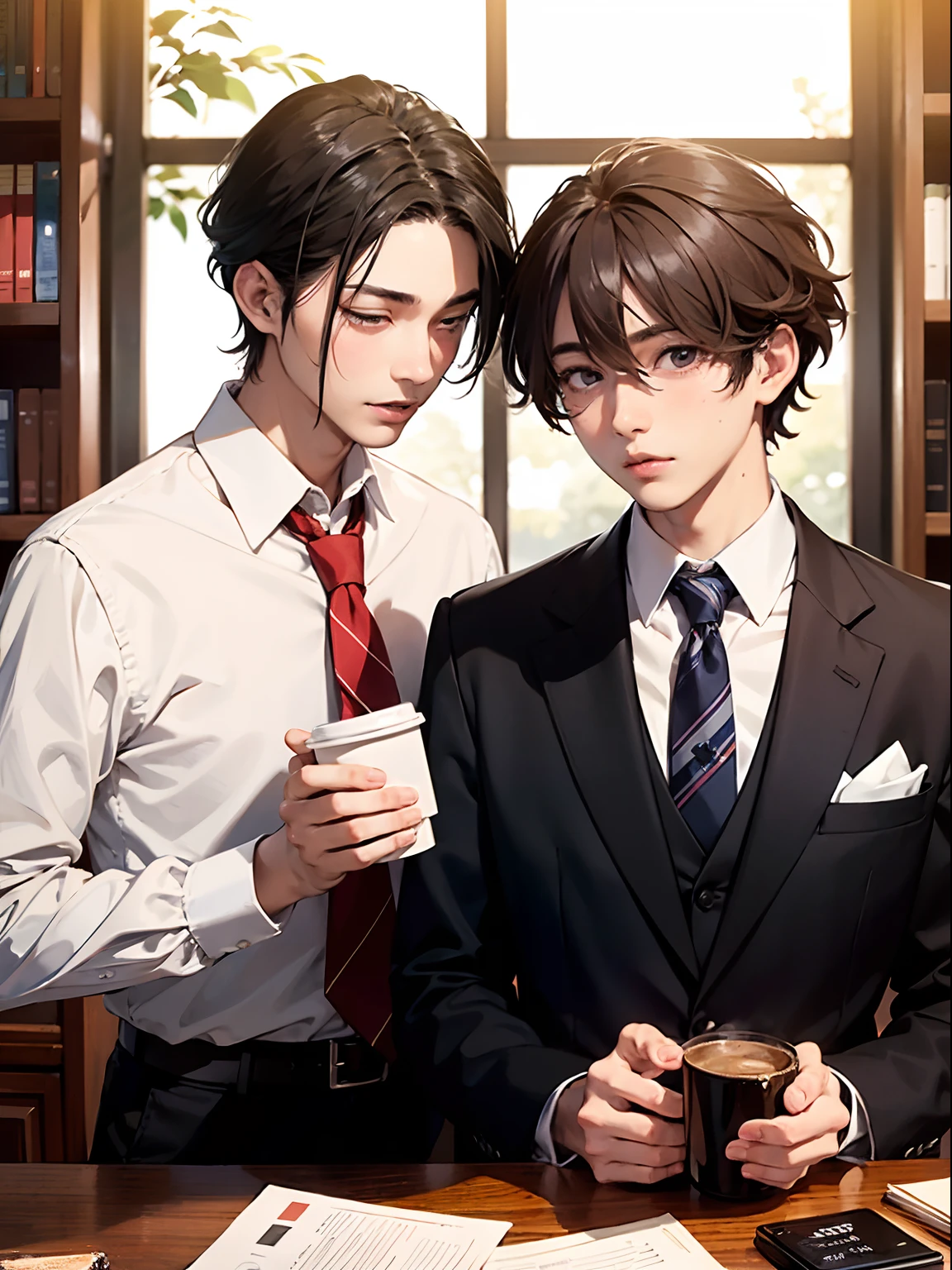 2boys,11 only、(Man's :2),(bobhair:1.5)、A dark-haired、Brown hair、Drinking coffee、chum、Brightly colored ties、Cluttered library、Twilight,Natural lighting、hightquality、masutepiece,8K,hight resolution、