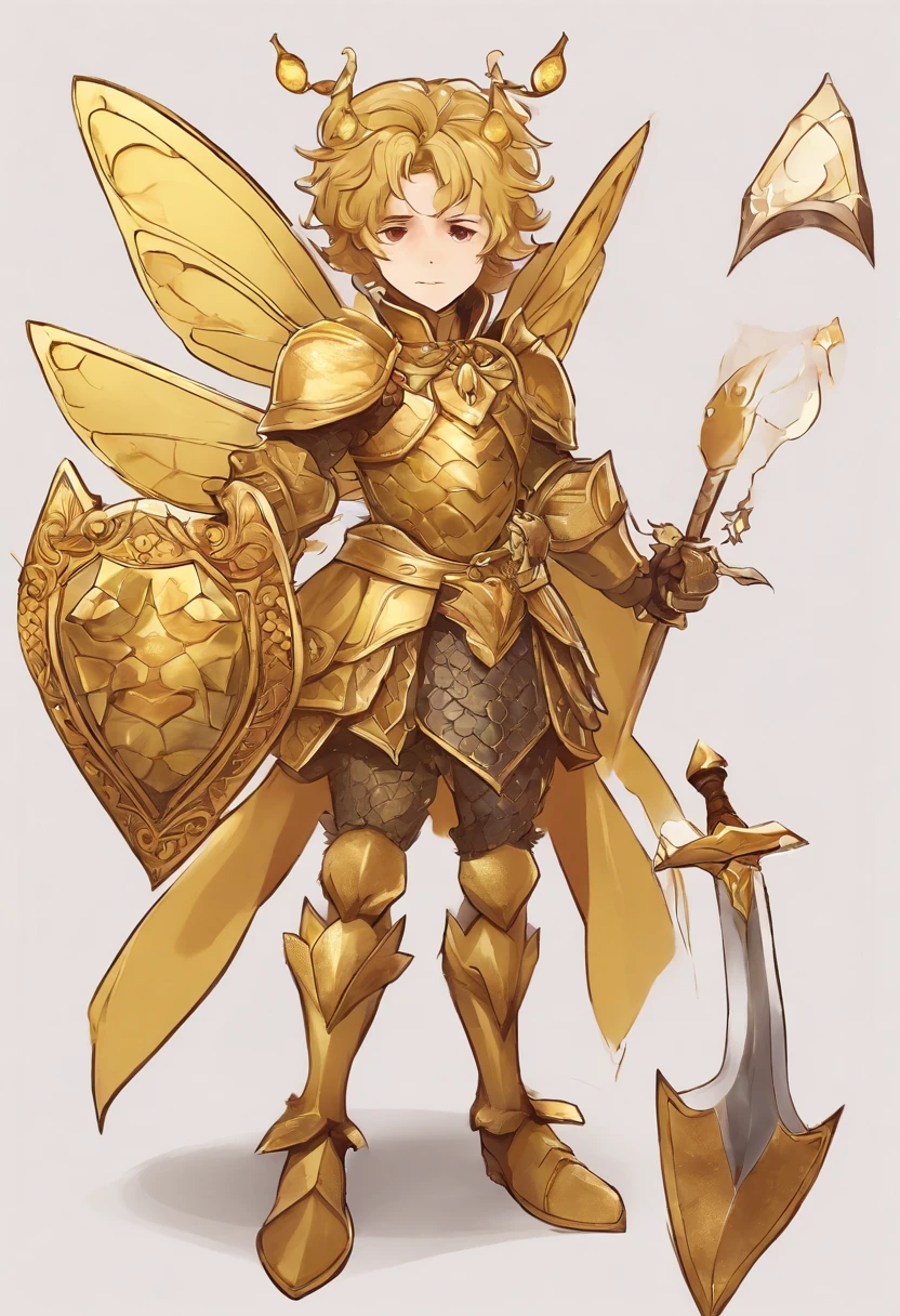 Bee Knight: Create a knight in golden armor，Decorated with honeycomb accents. His sword may be a stylized queen bee. The bee wings on the knight's back can be spread，Gives the illusion of flying.