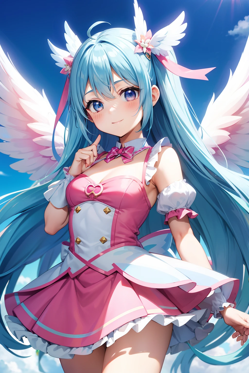 Super Idol　tiny girl　A charming smile　sky blue hair　length hair　Twin-tailed　Bright pink and white, large wings on the back、Flying in the sky、Cute costumes　Mystical　Fantasia