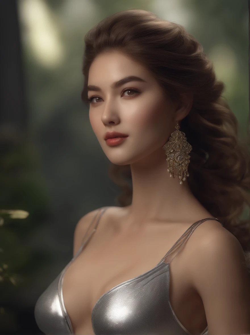 Best Quality, Realism, Photorealism, Award-Winning Illustration, (Intricate Details: 1.2), (Fine Detail), (Complex Details), (Cinematic Light, Best Quality Lighting), Clear Line, Clear Focus, Official Art, Unity 8K Wallpaper, Absurd, Incredibly Absurd, Huge File Size, Ultra-Detailed, High Resolution, Extremely Detailed, Extremely Delicate and Beautiful, RAW Photo, Professional Lighting, Dynamic lighting, Kenket, Bonifasko, Ruan Jia, foxovh, Ryan Barger, face light, depth of field, solo focus, whole body, long legs, tail, paws, slim waist, slim, graceful elongated body, graceful elongated body, muscular, attractive muscles, brown wolf female, (great golden mane: 1.2, incredibly huge mop of hair), yellow eyes, smaller head, fashionista, beautiful eyes, (large breasts: 1.2, small areolas), serious haughty face, real face, real black fur, realistic head, realistic white fur, realistic black fur, detailed eyes, detailed facial features, detailed clothing features, (silver bra:  1.3), (silver panties:  1.3), (fashionable hairstyle: 1.3) dynamic poses, looking at the viewer, simple background, forest, detailed face, detailed chest,(((no clothes))) (pureerosface_v1:0.53), (ulzzang-6500:0.33), lightroom