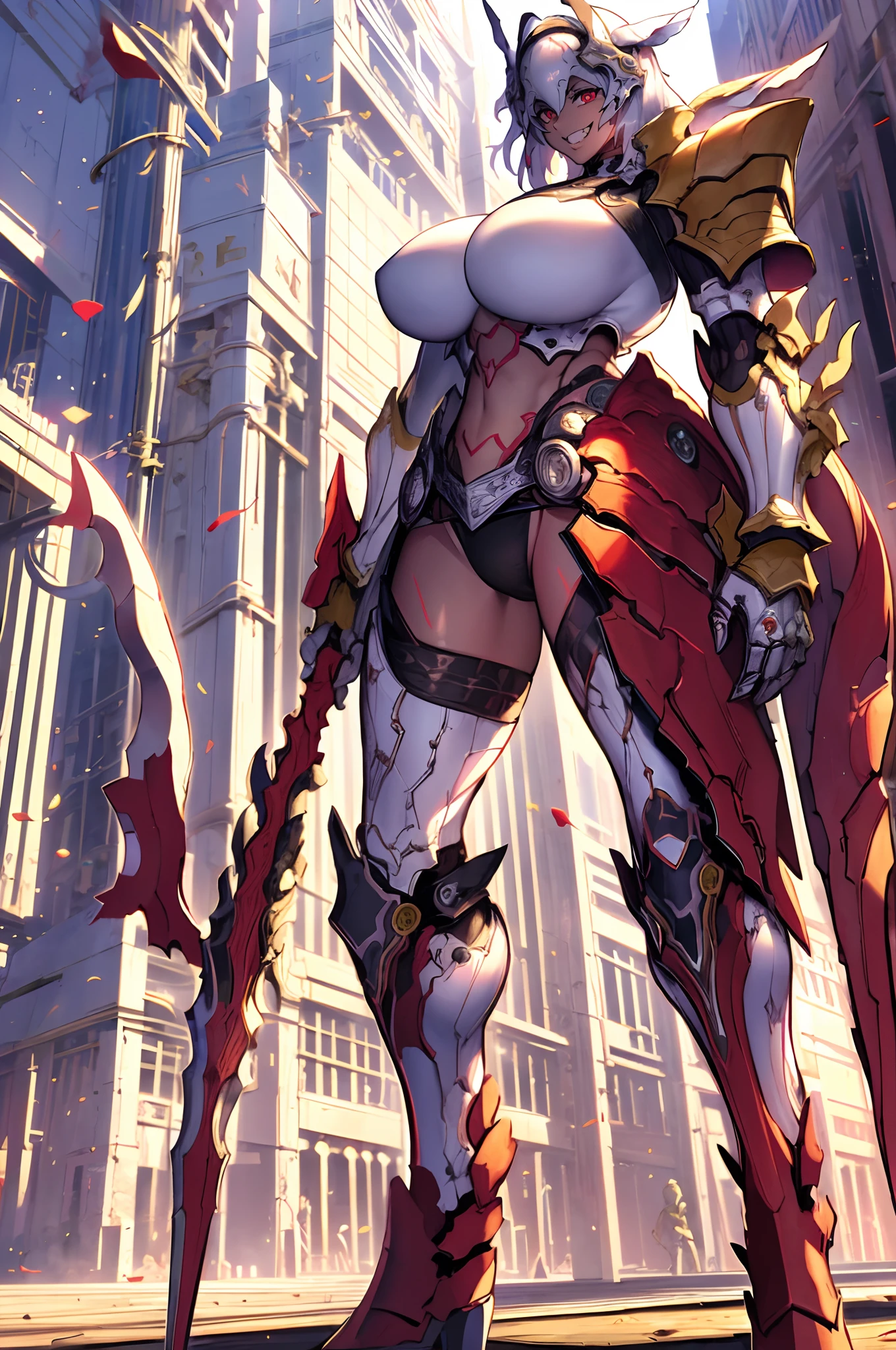 4k, highly detailed, anime style, HDR, subsurface scattering, in a temple, temple being destroyed, Greek temple on fire background, (masterpiece, best quality:1.2), caenis,( fgo stage 3), 1girl, big breasts, looking at fires, smile, short hair, white hair, bangs, red eyes, animal ears, open clothes, hairband, grin, (gold armor), body markings, white nails, epic scene, tall girl,full body, darskinned-female, crazy smile, staff holding, standing, musclegirl, forest