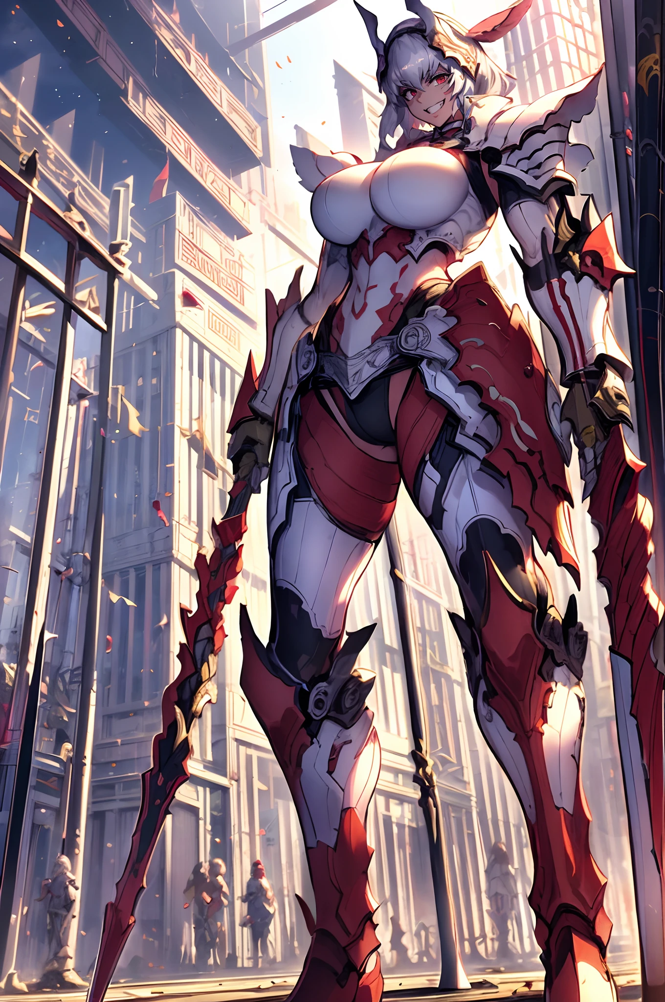 4k, highly detailed, anime style, HDR, subsurface scattering, in a temple, temple being destroyed, Greek temple on fire background, (masterpiece, best quality:1.2), caenis,( fgo stage 3), 1girl, big breasts, looking at fires, smile, short hair, white hair, bangs, red eyes, animal ears, open clothes, hairband, grin, (gold armor), body markings, white nails, epic scene, tall girl,full body, darskinned-female, crazy smile, staff holding, standing, musclegirl, forest