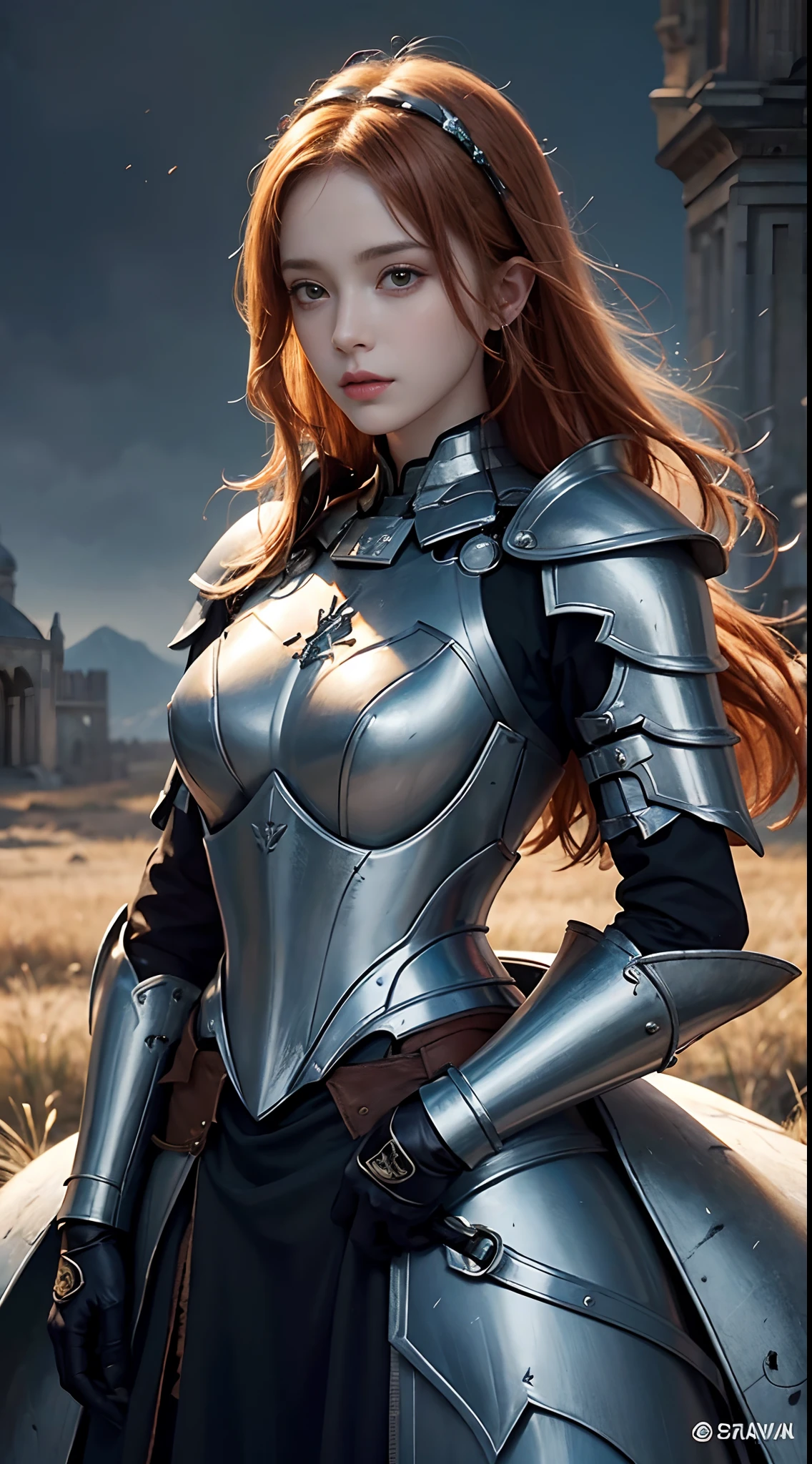 ((A red-haired warrior, from the back, wearing a short skirt at her butt, showing her butt, shot from below, wearing plate armor, steel gauntlets, steel gloves and steel cuirass, looking back, wearing a skirt)), very detailed skirt, (she doesn't wear underwear, skirt showing big stuffed, pert, round ass, pussy showing, smooth pussy showing from below, (skirt up), wind lifting skirt, sexy possession), medieval fantasy, d&d, RPG, masterpiece, best quality, 8K, ultra realistic. The most desired girl in the world has transcendental beauty, with expressive eyes, light green eyes, arched eyebrows, sensual lips and radiant skin. Her facial structure is symmetrically perfect, with delicately sculpted cheekbones and a refined chin.