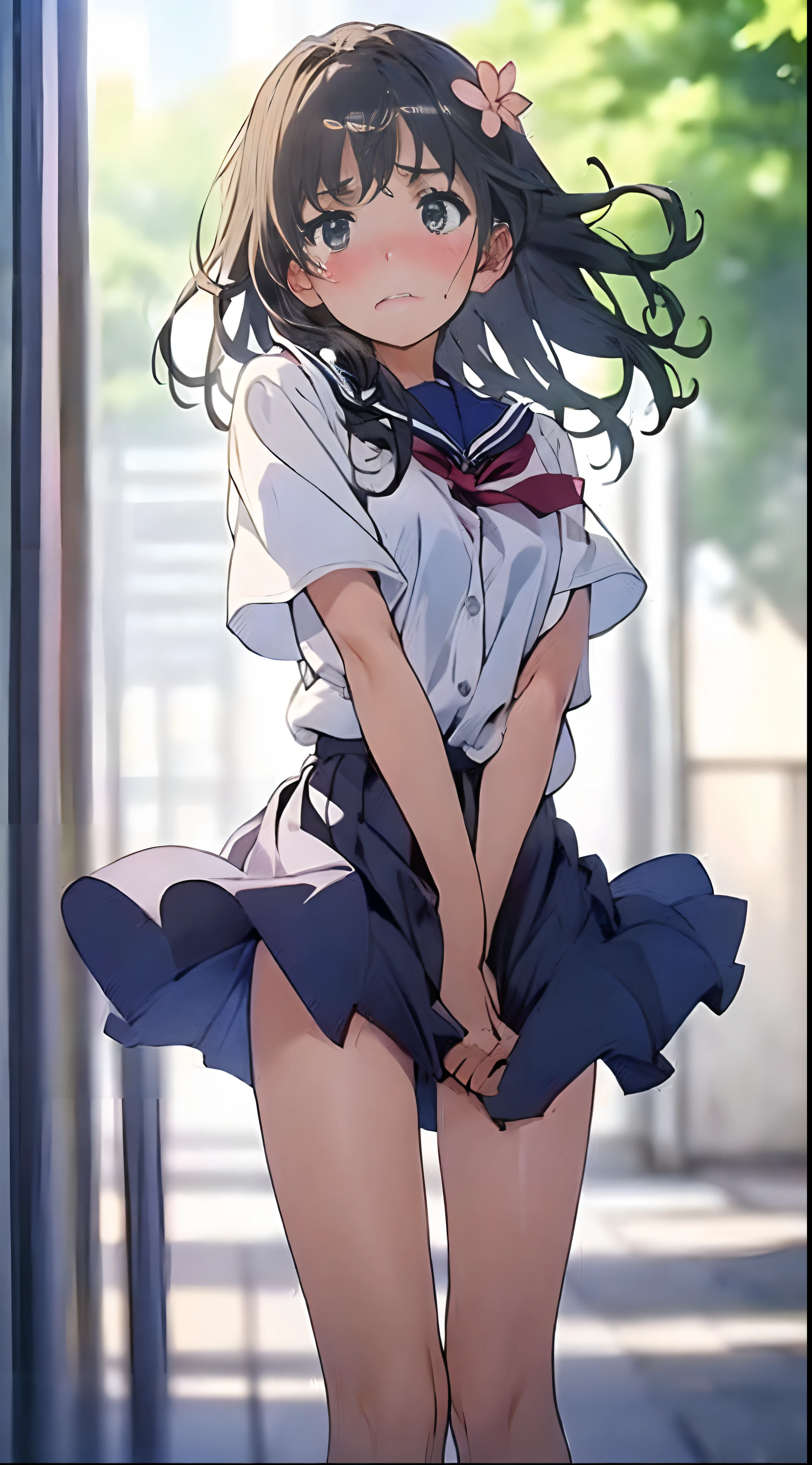 1womanl,Black hair,Blue Ribbon ,((Surprised look)),Beautiful breasts,a sailor suit,well-styled,,(Facing the front)(((Blushing cheeks、embarassed expression)),(((The skirt is rolled up by the wind))),Flower hairpins