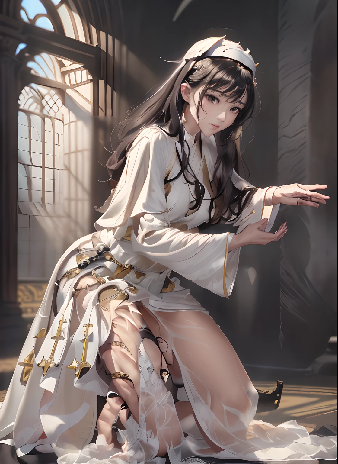 masterpiece, Highly detailed, super realistic,detailed background, bright Lighting, Daylight,
beautiful face, beautiful eyes, medieval style, 1girl, solo, 4k, 8k,
(25 years old princess) , (long curly dark brown hair hair style),
(wearing (white Archbishop's ceremonial long dress) and (Black Robe):1.5) ,
(slender:1.5), (pretty face), (li),(((small breasts))),(Small buttocks),(Slender thighs),(pretty face),
(Royal Palace Living Room),
(kneel down on both knees:1.5),
(looking away:1.5),(stooping forward),
(put out one's hand),
(from side),
(akina-nakamori), (virtualgirl-aim),