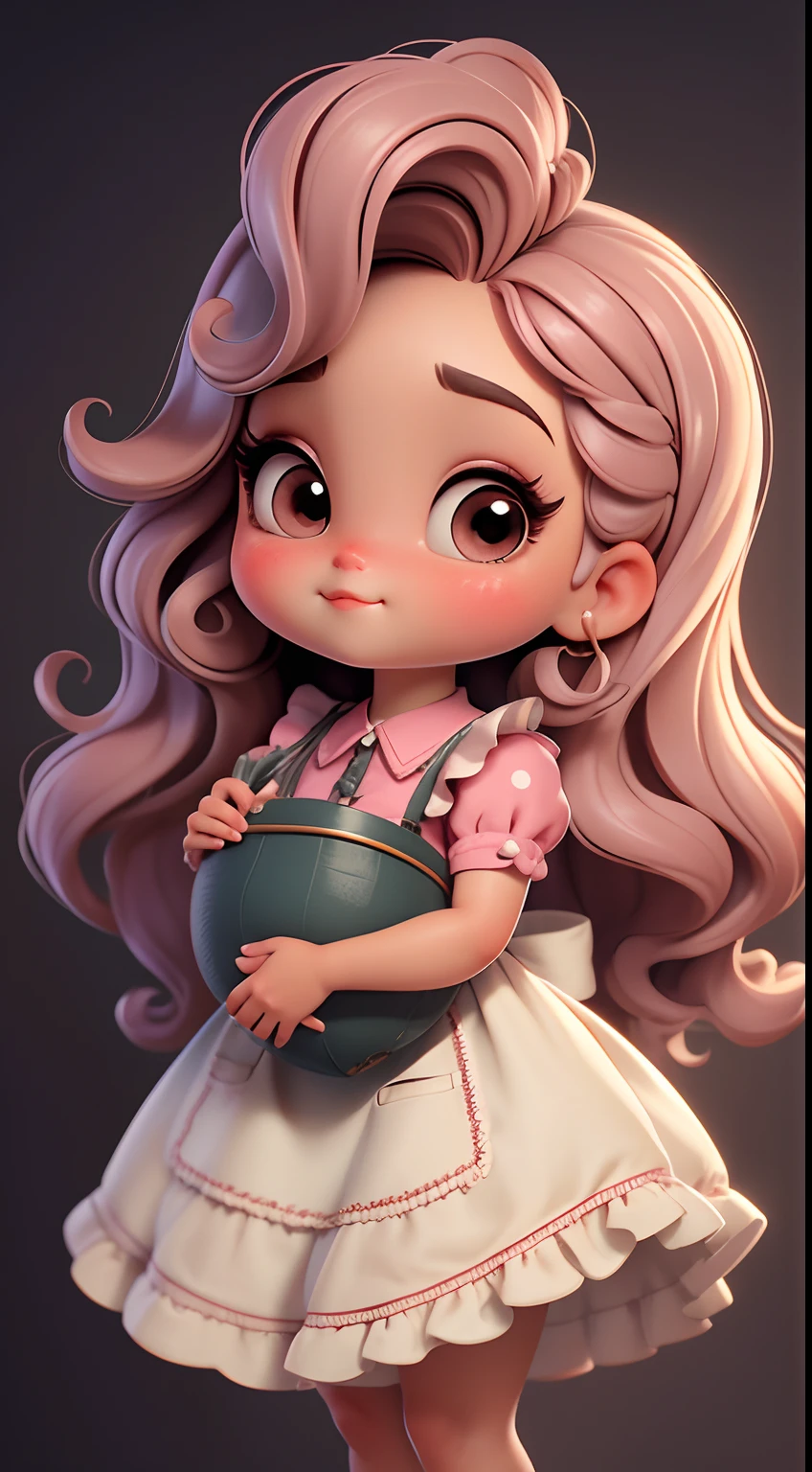 Create a series of chibi style dolls with a cute vintage chic theme, each with lots of detail and in an 8K resolution. All dolls should follow the same solid background pattern and be complete in the image, mostrando o (corpo inteiro, incluindo as pernas: 1.5)
Boneca Aprendiz de Bruxa: Chame-a de Mia. She must have medium wavy brown hair. Seus olhos devem ser grandes e curiosos, with long eyelashes and slightly pinkish cheeks. Mia should be dressed in a delicate dress and a polka-dot blouse and a delicate and beautiful bow. She should hold delicate and thin accessories. Add details like pockets and ruffles to the apron to make it even more charming, sapato bonito
Certifique-se de adicionar sombras, texturas e detalhes nos cabelos, roupas, Beautiful utensils, to make them even more adorable and charming.