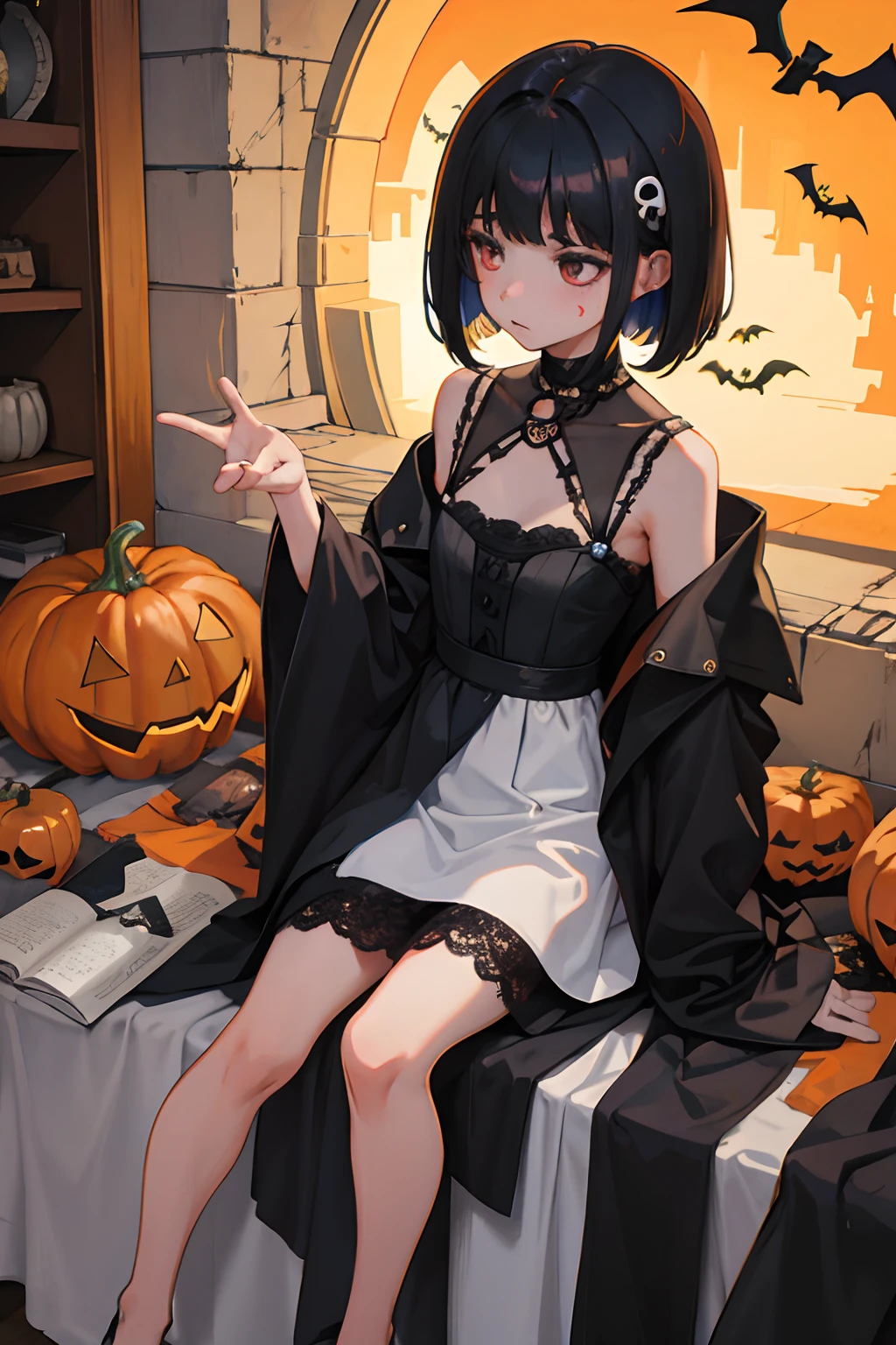 Sleepy look,(child:1.2),(masterpiece,Highest Quality),A dark-haired,Medium bob,witch outfit,Halloween,skull,ghosting,embarrassed from,be shy,burial site