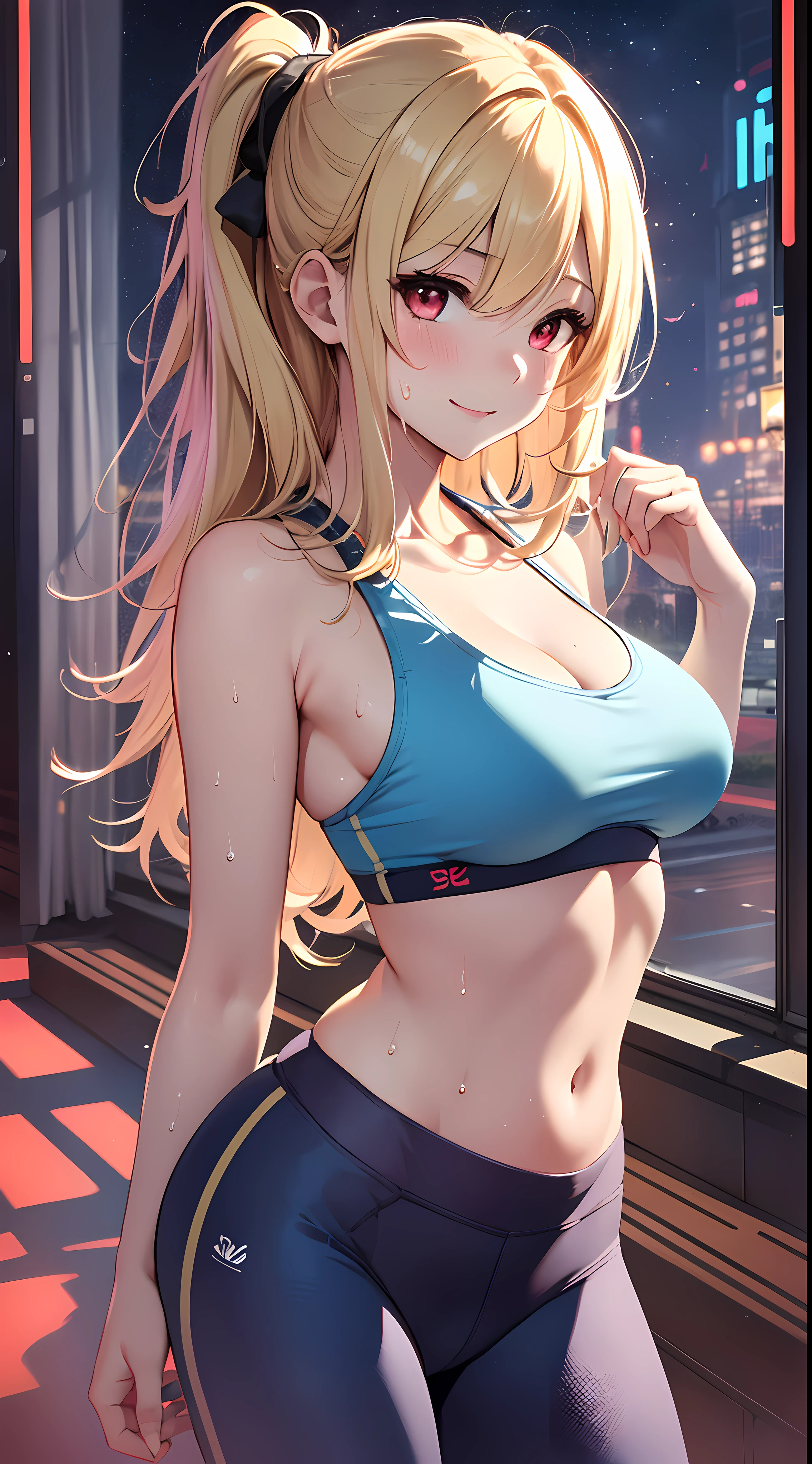 top-quality、Top image quality、masterpiece、girl with((18year old、Blue Sports Bra、Blue sports pants、Best Bust、Bust 90、Blonde shortcuts、Red Eyes、open chest wide、Valley、Happiness、A slender、ssmile,Hot Yoga、Sweating、Splattering sweat))hiquality、Beautiful Art、Background with((nightclubs))、masutepiece、Elaborate design、visualart、