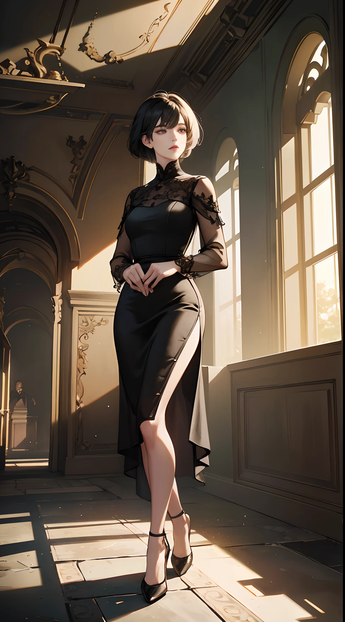 (​masterpiece、4K resolution、A hyper-realistic、ighly detailed)、40 years、1woman、full bodyesbian、Walking through the ruins、short-hair、mourning dress、high-heels、slender、​masterpiece、highcontrast、cinematlic lighting、Detailed shading、top-quality、Top image quality、