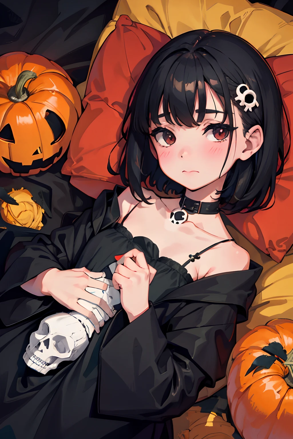 Sleepy look,(child:1.2),(masterpiece,Highest Quality),A dark-haired,Medium bob,witch outfit,Halloween,skull,ghosting,embarrassed from,be shy,burial site