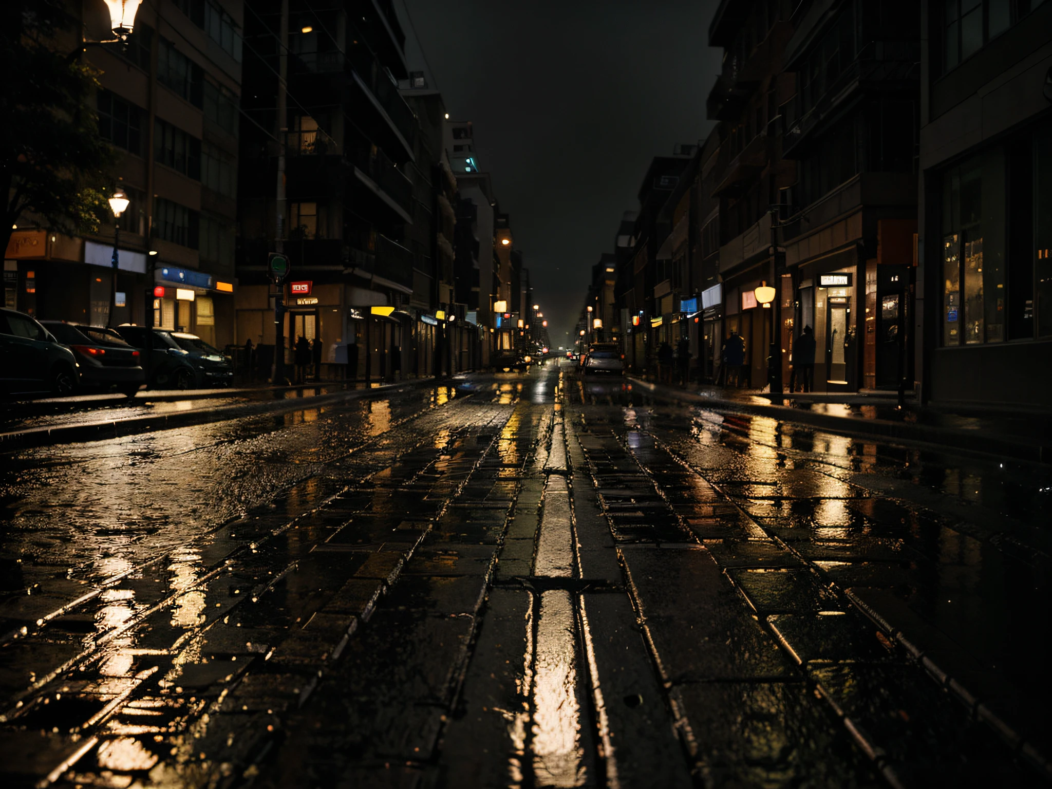 Rainy Streetlights: A city street at night with rain-soaked pavement reflecting the warm glow of streetlights.