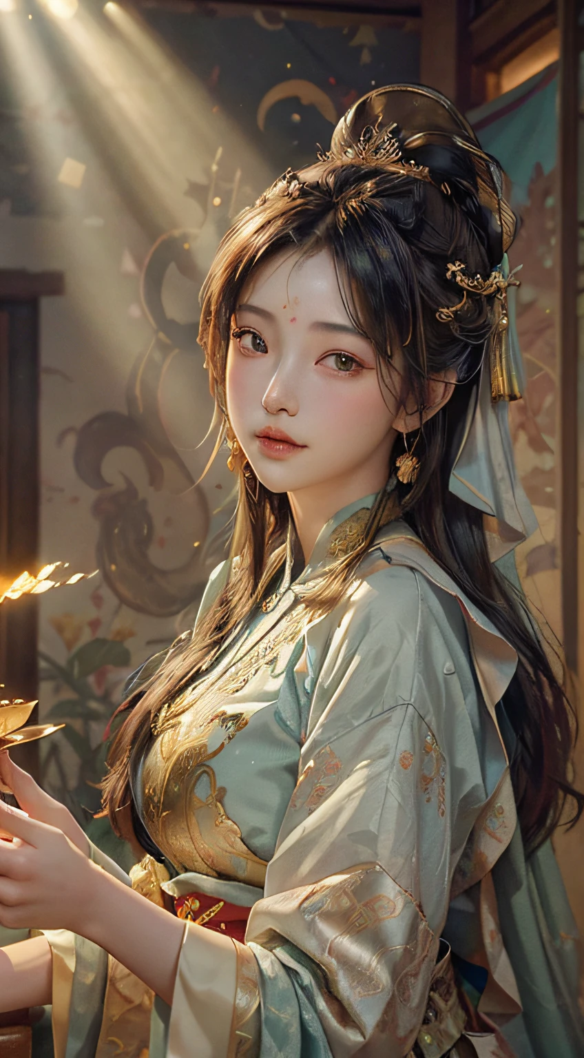 （RAW photos，best qualtiy），（realisticlying，photograph realistic：1.3），best qualtiy，highly  detailed，tmasterpiece，ultra - detailed，illustratio，1girll，upper_body，dynamic angle，World Mastery Theatre，messy_long_hair，best qualtiy，extremely detailed CG unity 8k wal，ink，astounding，电影灯光，lens_flare，dunhuang_style，Beautiful rendering of the Tang Dynasty，（ssmile：1.5），（holy rays），In the grotto，Float up，Sony Master Lens，bustling，gold foil，florals，Lilac clothes，looking toward the viewer