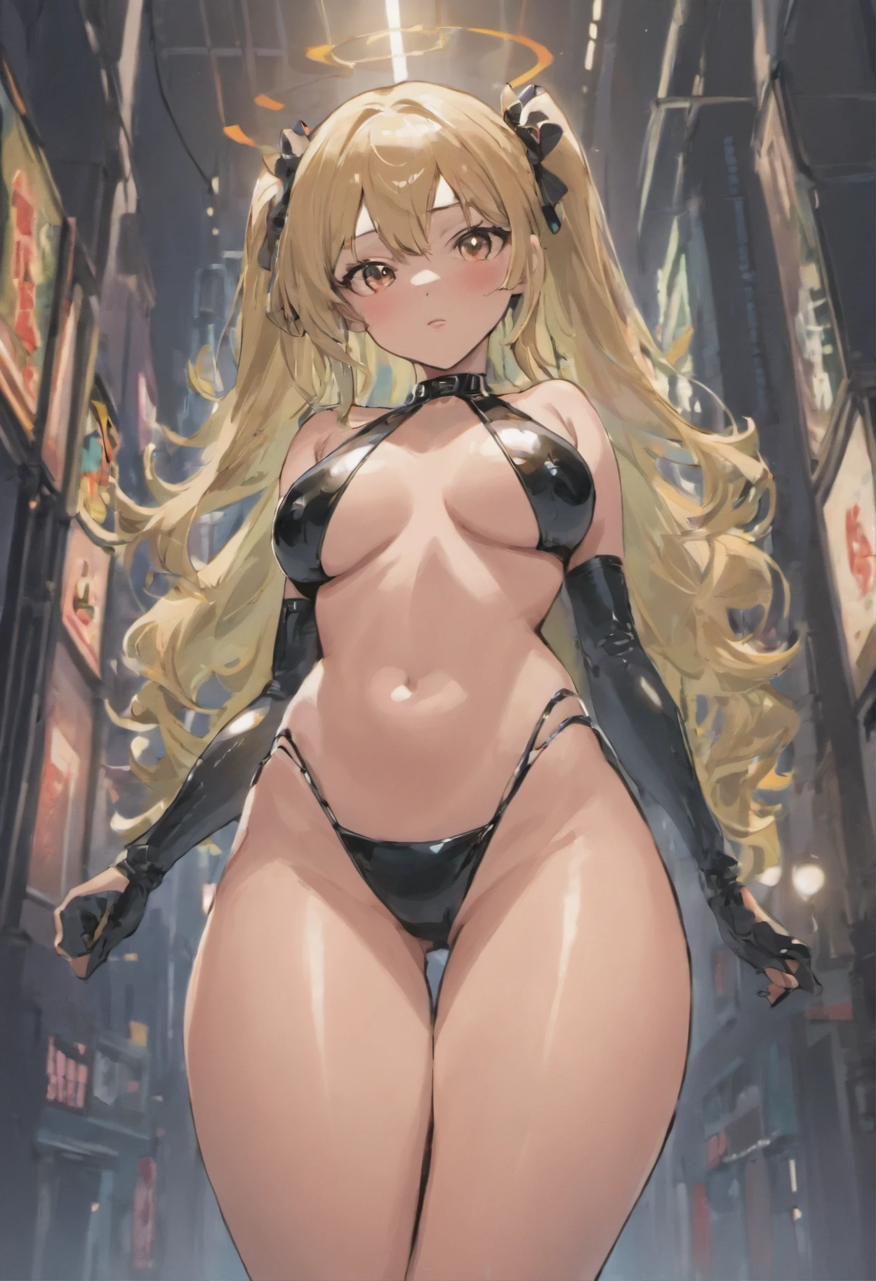 Full body shot of a bulbous sexy woman spilling out of a latex micro bikini, posing in a city at night, NSFW, smooth and shiny, large breasts, wide hips, seductive anime girl, curvaceous, extremely detailed artgerm, style artgerm, Frank Cho, range Terry Dodson and artgerm, cutesexyrobutts, pixiv 3dcg, full body hentai! Mini latex bikini, oppai cyberpunk, Cammy, thicc