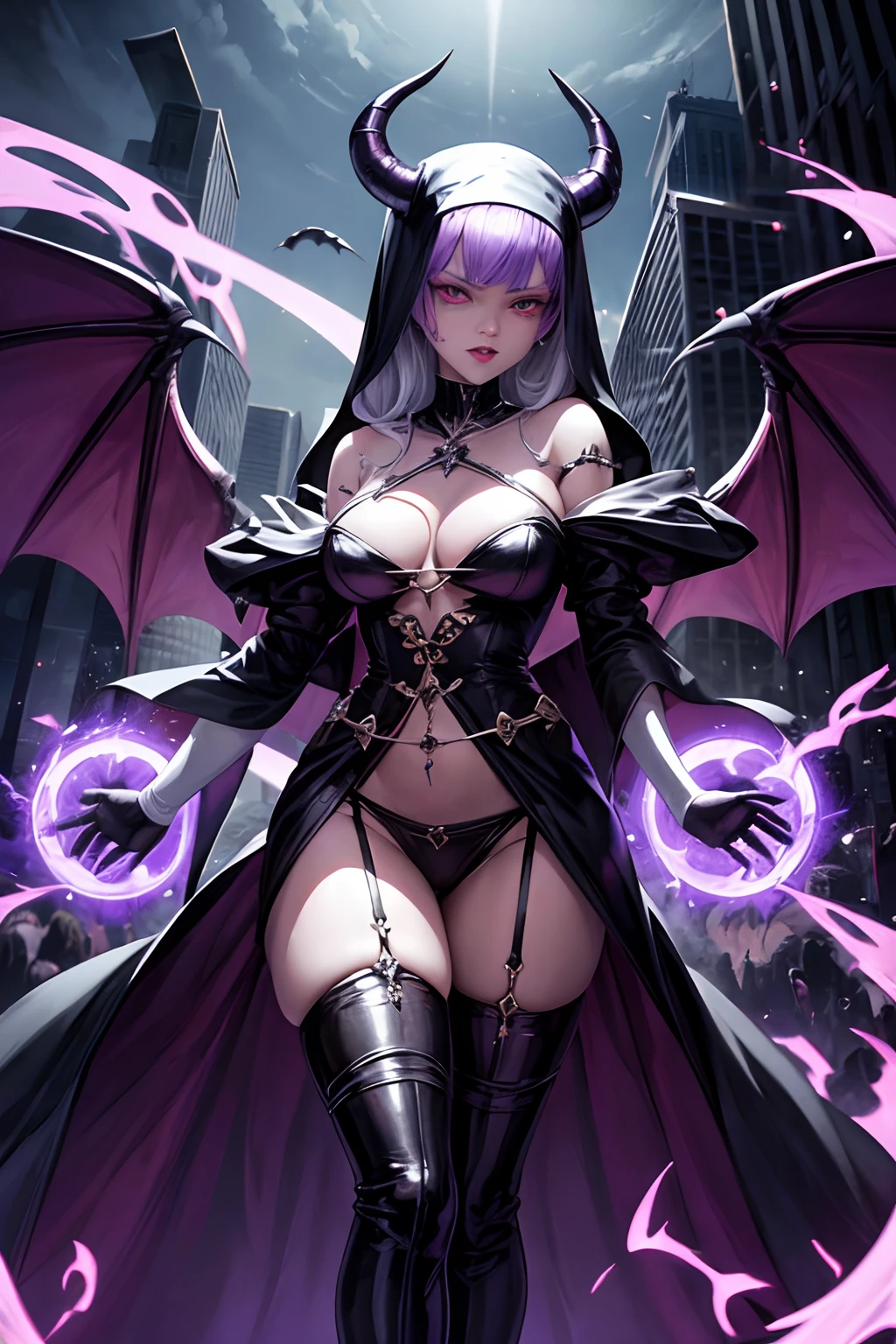 Rihanna : The evil nun, Demon horn, Demon wings on the head , sexy robe de nonne, Powerful bolts of destructive purple energy shoot out of his hands, diabolique, insidieux, His powerful magic hits the buildings of a city , Context of the Satanic Church, detailled eyes, detailed hands