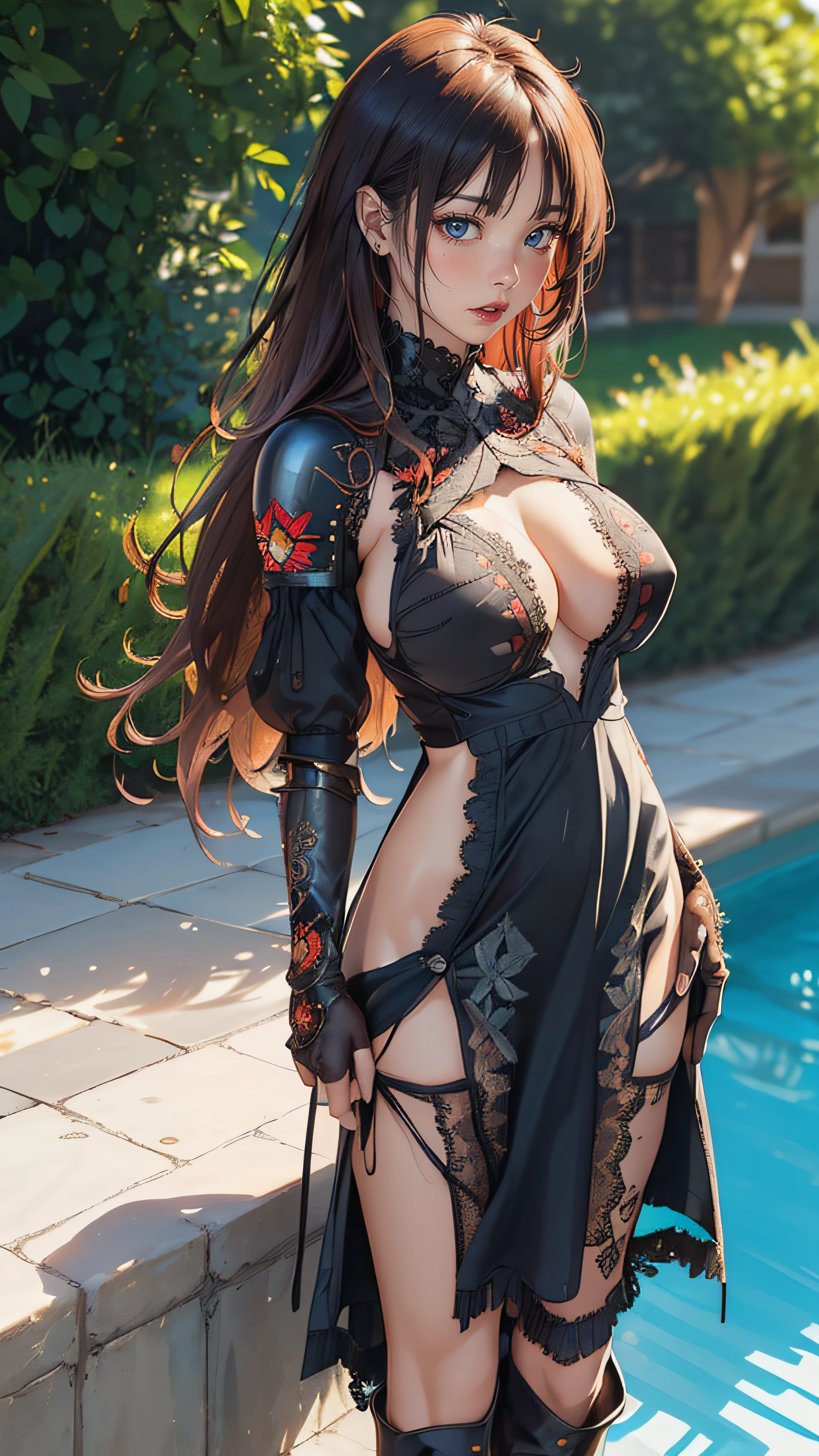 ((porn image),(nsfw),(spread pussy:1.5)),(looking at viewer:1.2),((1girl:1.5),curvy,petite,beautiful breasts,gigantic breasts,pale skin,(erect nipples)),((realistic),high resolution,best quality,masterpiece,(Sense of presence:1.5),(Dynamic:1.5),(bold:1.5)),((long hair),(thin hair:1.8),(wet hair),(straight hair),Swept bangs,(extra light coppery amber hair),(hair over one eye),hair blowing in the wind),((clothed:1.2),leather boots,leather gloves,(asymmetrical armor:1.5),(embroidered lace dress:1.5),(see through:1.2),(long silk sarong))),(pool side,sunlight),open legs