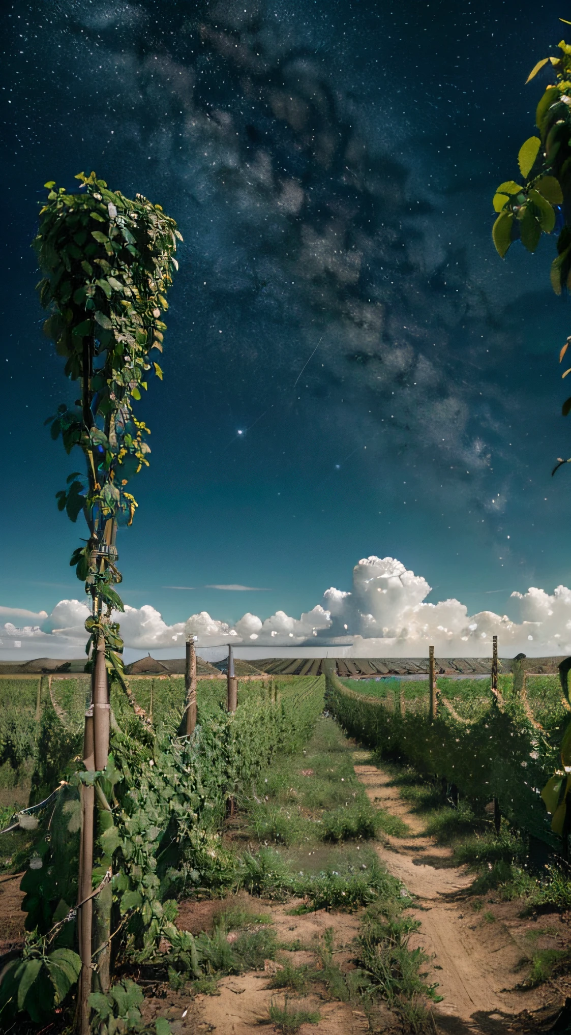 Generate an intricate and captivating image featuring a hop field that stretches as far as the eye can see. The field should be crisscrossed with a well-worn dirt path, splitting the hop plants in two and leading the viewer's gaze towards the distant horizon. Each hop plant should be highly detailed, showcasing their lush, green leaves and the hop cones hanging from their vines. In the background, beyond the horizon, reveal a desolate, uninhabited planet in a celestial expanse. This distant planet should be barren, its surface rugged and lifeless. Above it, the cosmos should unfold, with the Earth hanging majestically in the sky, surrounded by awe-inspiring galaxies and stars. The image should convey a sense of vastness, serenity, and the juxtaposition of thriving hop plants against the backdrop of the infinite cosmos.