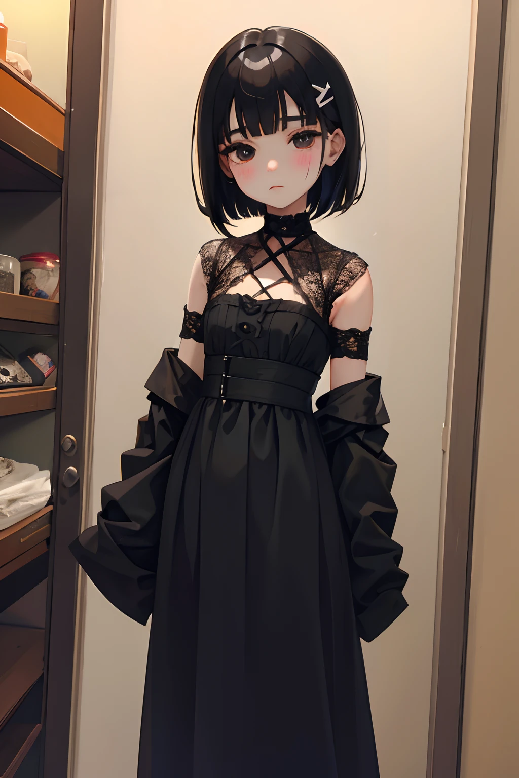 Sleepy look,(child:1.2),(masterpiece,Highest Quality),A dark-haired,Medium bob,Damaged witch costume,Halloween,skull,ghosting,embarrassed from,embarrassed