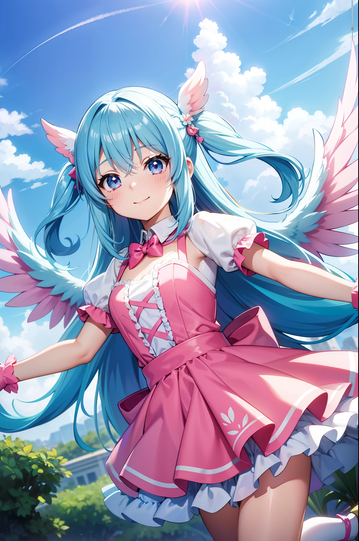 Super Idol girl A charming smile sky blue hair length hair Twin-tailed Bright pink and white, large wings on the back、Flying in the sky、Cute costumes Mystical Fantasia