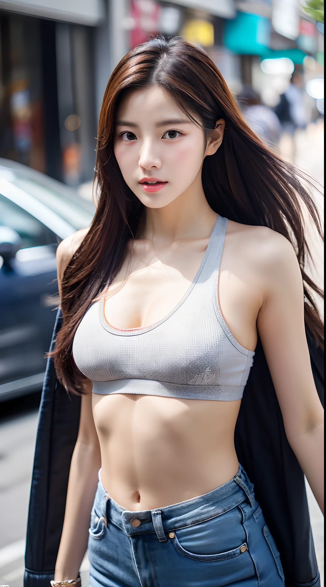 Realistic photos of (1 cute Korean star) single hair intake, thin makeup, 32 inch breasts size, wearing crop top, pants, standing on the street, boque effect, close-up portrait, UHD