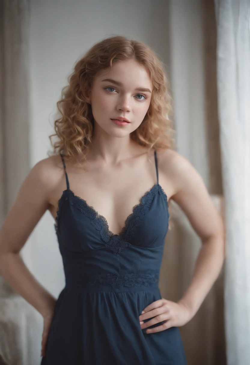 "Full body portrait of a charming 21 year old women with curly hay coloured hair, angelic look, freckles, petite figure, beautiful face, captivating dark blue eyes, and big bust size, showcasing her natural beauty, posing in a bedroom ."