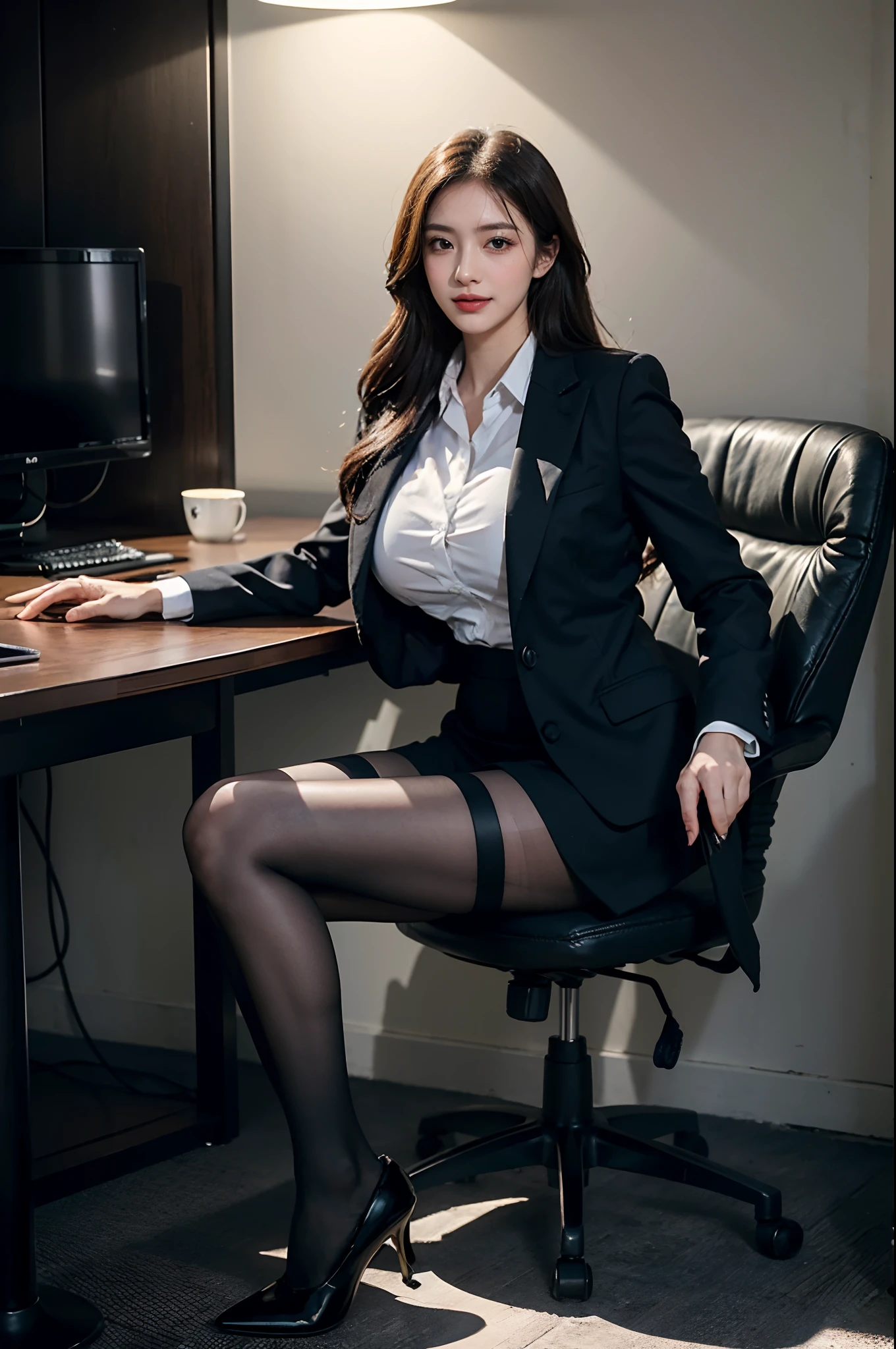 (Masterpiece), ((Best Quality)), (Masterpiece,Best Quality,offcial art,Extremely detailed CG unity 8k wallpaper), , Beauty Photography, miss，Solo,Elegant upper-class elite secretary in a business shirt,Perfect look，Double eyelid eyes，delicate makeup， working in office,wearing a strict business suit, Wearing pantyhose,Wear high-quality heels,Girl in a shirt, Wearing a suit, tits huge,full bodyesbian,Wearing a suit, Wearing a suit, merchant, business outfit, wearing a black suit, Wear a shirt and skirt, Woman in a suit, business outfit，Computer Chair，Sits，Erlang Bridge，high-heel，looking up at viewer，cheerful，intricated details，Foot Focus,From below,