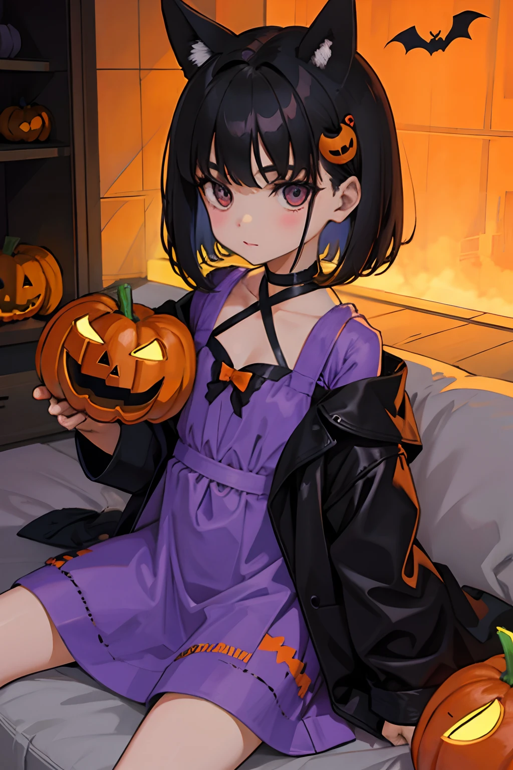 child，Halloween Party，A dark-haired，Medium bob