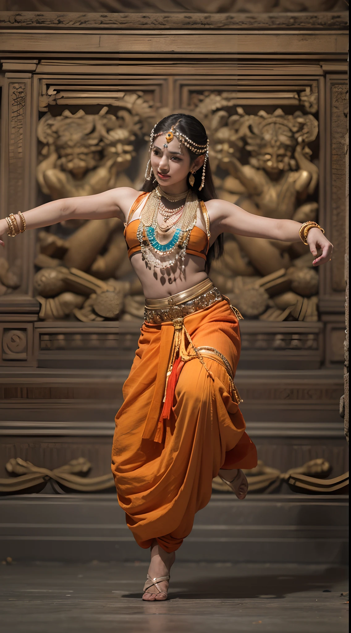 (Best quality,4K,8K,A high resolution,Masterpiece:1.2),Ultra-detailed,(Realistic,Photorealistic,photo-realistic:1.37),The Arafed man in orange pants and a necklace is dancing, Tribal dance, gracefully belly dancing pose,  Contemporary, in style of thawan duchanee, indian style, submerged temple dance scene, Transhumanist dance, classic dancer striking a pose,