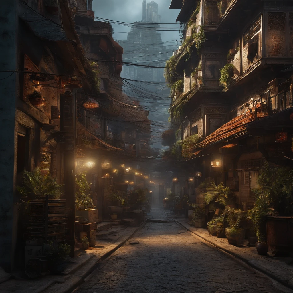 Cyberpunk city from the science fiction film, rua vazia, noite, Chinese buildings, loja antiga, irregular, placas de circuito, filho, complexo, super detalhado, realista, hyper realistic, alta qualidade, Melhor, super detalhado, Detalhe Louco, Very detailed, photoreallistic, Epic composition, best quality, 32k --v 6