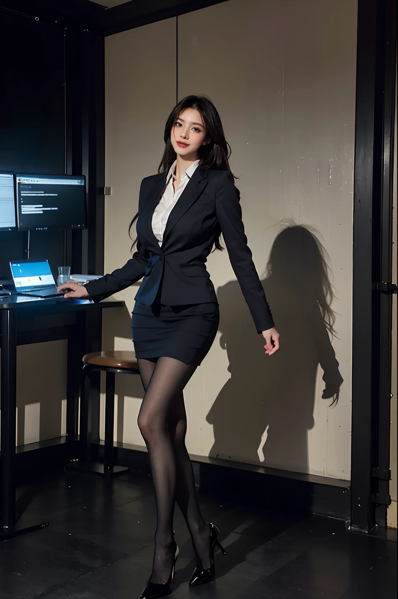 (Masterpiece), ((Best Quality)), (Masterpiece,Best Quality,offcial art,Extremely detailed CG unity 8k wallpaper), , Beauty Photography, miss,Solo,Elegant upper-class elite secretary in a business shirt,Perfect look,Double eyelid eyes,delicate makeup, working in office,wearing a strict business suit, Wearing pantyhose,Wear high-quality heels,Girl in a shirt, Wearing a suit, tits huge,full bodyesbian,Wearing a suit, Wearing a suit, merchant, business outfit, wearing a black suit, Wear a shirt and skirt, Woman in a suit, business outfit,Computer Chair,Sits,Erlang Bridge,high-heel,looking up at viewer,cheerful,intricated details,Foot Focus,From below,