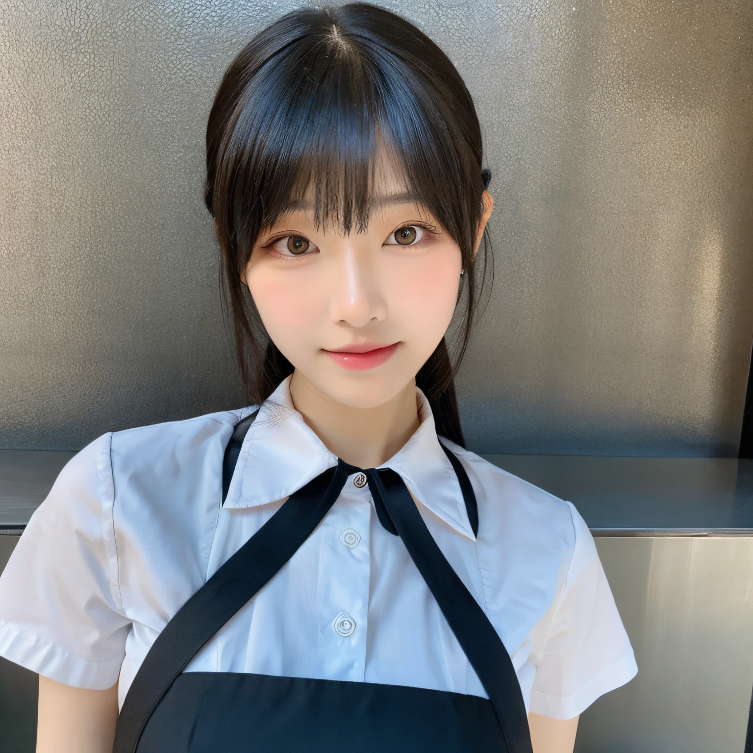 (top-quality,masterpiece:1.3,超A high resolution,),(ultra-detailliert,Caustics),(Photorealsitic:1.4,RAW shooting,)Ultra-realistic capture,A highly detailed,High resolution 16K human skin closeup。 Skin texture is natural、,The pores are、Must be detailed enough to be easy to identify。 Skin should look healthy with even tones。 Use natural light and color,resturant,Waitress uniform,女の子1人,japanes,18year old,kawaii,A dark-haired,Middle hair,(large boob),smil,Turn your body to the front,(front-facing view:1.2),Looking at the camera,cowboy shot,boob focused,chest close-up