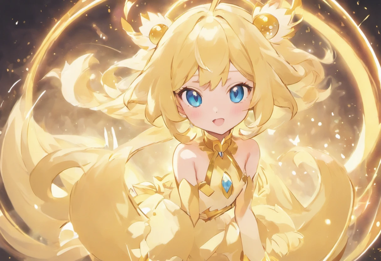 A rather long blonde, blue eyes, Large round and glittering. Her eyes always glowed with gentleness along with pinkish white skin. She has graceful dimpled cheeks, in addition to a small but strong body. She has long legs and is slender 12-year-old students