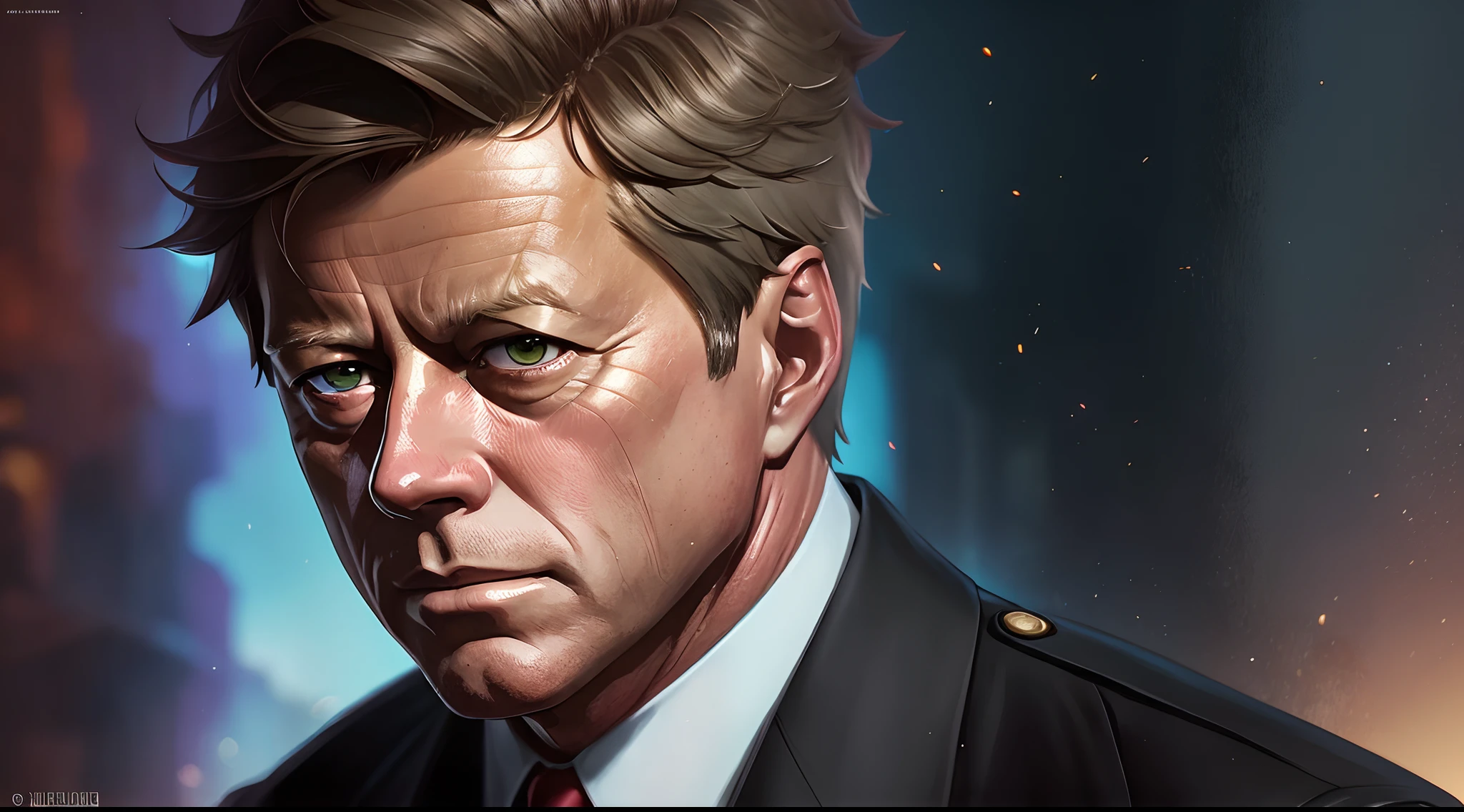 JFK male US President, looking serious, (SEINEN MANGA STYLE), cinematic lighting, by elmore, greg rutkowski, artgerm, alphonse mucha --auto --s2