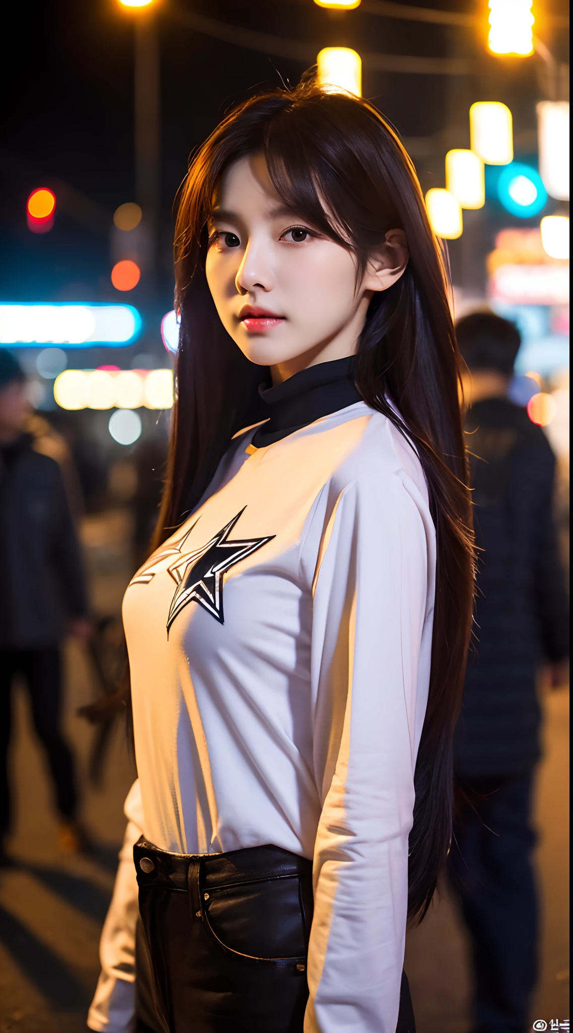 Realistic photos of (1 cute Korean star) single hair intake, thin makeup, 32 inch breasts size, wearing long sleeve shirt pants, standing on the street, night flare, close-up portrait, UHD