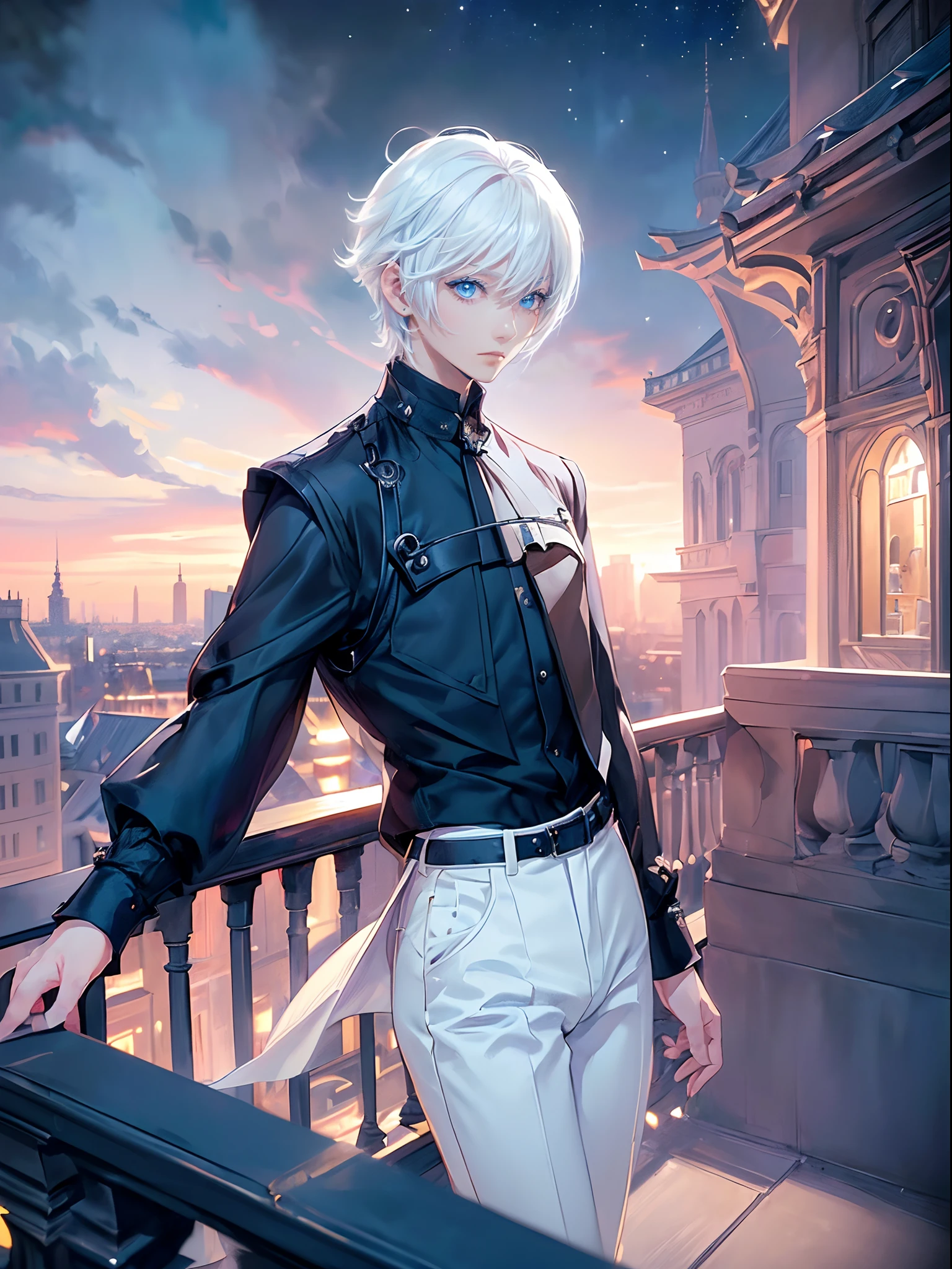 ((4K works))、​masterpiece、(top-quality)、One Beautiful Boy、Slim body、tall、((Black Y-shirt and white pants、Charming street style))、(Detailed beautiful eyes)、Stylish English black balcony、Castle inhabited by villains、Black shop window、Balcony at night、((Starry sky in the background))、((dark sky))、((Fashionable city scenery at midnight))、((Standing on a stylish balcony and shooting))、mid night、((Face similar to Carly Rae Jepsen))、((Short-haired white hair))、((Smaller face))、((Neutral face))、((Bright blue eyes))、((American adult male))、((Adult male 26 years old))、((Cool Men))、((Like a celebrity))、((Wild look))、((Korean Makeup))、((elongated and sharp eyes))、((Happy dating))、((boyish))、((Upper body photography))、Professional Photos、((Shot alone))、((shot from back))、((Shot so that the back of the head is visible))、((Shot in close proximity to him))、((Focus zoom in))、((He is watching the sunset))、((He standing on the balcony))