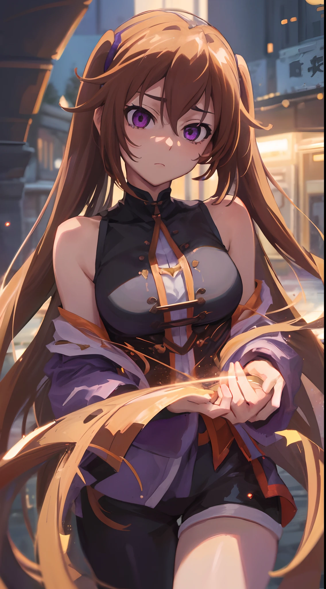 (best quality, master-piece:1.2), long brown hair, purple eyes, (ultra-detailed eyes), outdoors, beautiful, Shidou Irina, medium breasts, standing, ((cowboy shot)), close-up, perfect anatomy, (sleeveless), (healthy skin), cinematic lighting, detailed face, expressive face.