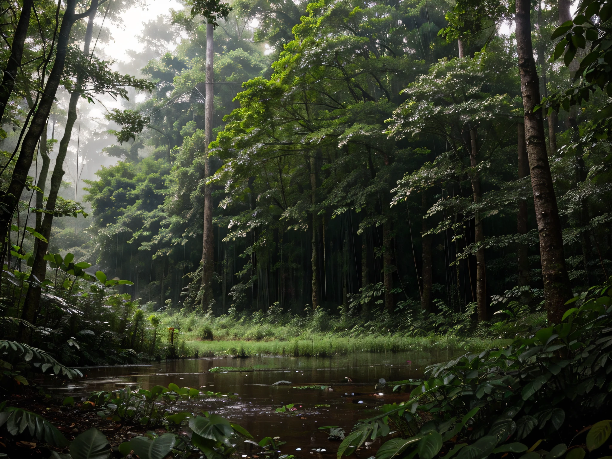 Forest Downpour: A dense forest during a heavy rain, with lush greenery and glistening droplets on leaves.