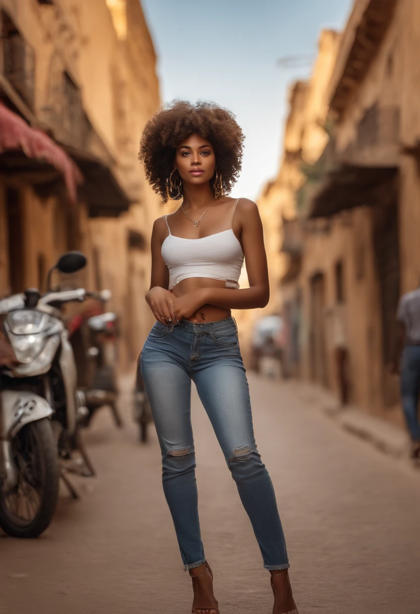 (8k, Photo brute, Best quality, Masterpiece: 1.2), Ultra Detail, Super Resolution, (photo realist, Realstic: 1.37), RAW color photo with lots of detail, Photo professionnelle, extremely detailed and beautiful, Extremely detailed, 8k wallpaper, Amazing and detailed, huge file size, Art officiel, Highly detailed 8k CG unit wallpaper, beautiful girl very detailed, high detail face, highly detail eyes, Highly detailed skin, high detailed fingers, Very detailed nose, Detailed palace very detailed, anatomie parfaite, very detailed background, sexy clothes, (18:1.2) Full portrait of a beautiful black woman with curly hair,posant dans (Un trottoir dans une ville: 1.2) ,sans soutien-gorge, white tank top, Jean, Looks a bit like Beyoncé, dans une rue de Niamey, Niger , dinamic lighting