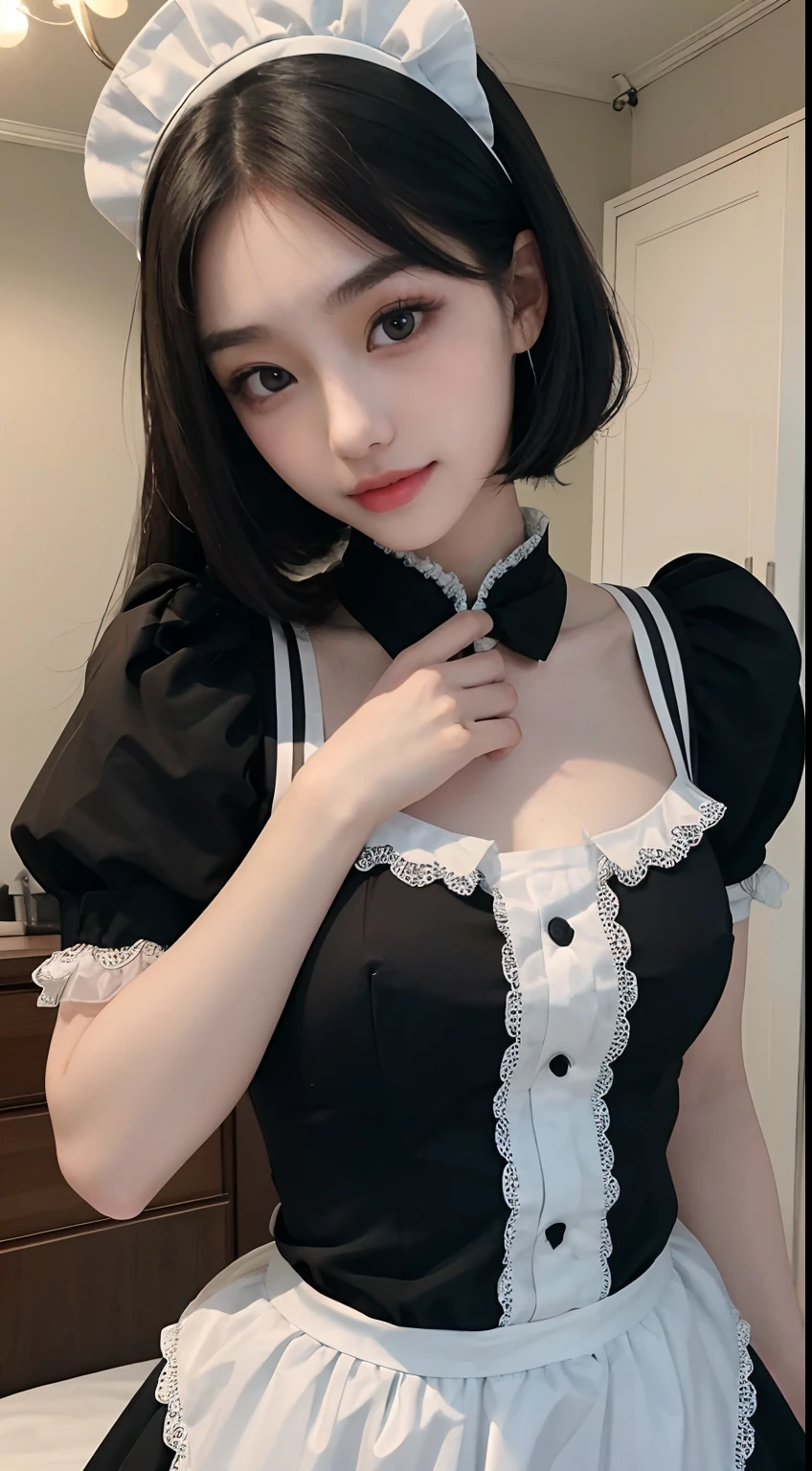 8K, RAW photos, Best quality, Masterpiece: 1.2),(best qualtiy,8K, Yes,32K,masterpiece,hyper HD:1.2) , 20 years old, there is a woman in a maid outfit posing for a picture, gorgeous maid, maid outfit, anime girl in a maid costume, wearing maid uniform, young adorable korean face, korean girl, cosplay of a catboy! maid! dress, maid dress, sakimichan, anime girl in real life, ulzzang, wan adorable korean face, maid, cleveage, model body type