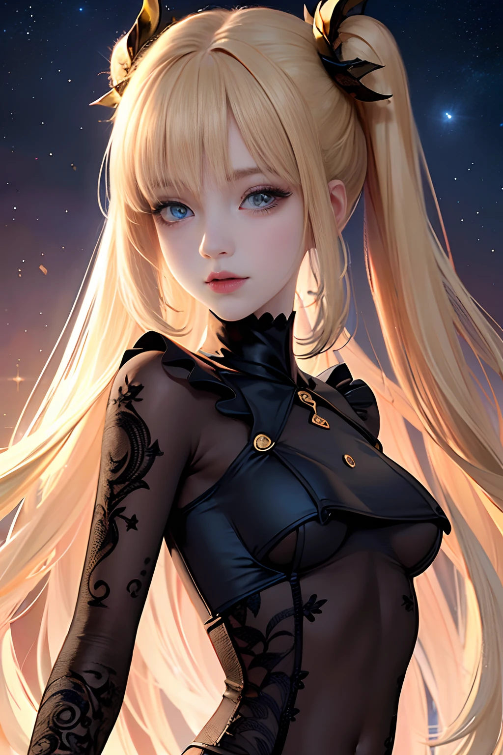 ((top-quality)), ((masuter piece)), (ultra-detailliert:1.4),(32k images),(ultra high detailed),Best Anime,sharpness,The best wallpapers,Phenomenal depiction,the golden ratio, Wind manipulation:1.5,Manipulation of light,(Perfect anatomy without destruction),(Beautiful eyes with detailed and detailed details,Lustrous eyes),(Lustrous hair:1.1,),(Beautiful face with dense and detailed details),(Beautiful skin with dense and detailed details),(deadpan:1.2),Slim body,Slim belly,((small tits:1.5)), thin-waist,a navel,goddes,(Beautiful sparkling white clothes with dense and detailed,Beautiful decoration with dense and detailed details,gemstone),fullmoon:1.1, Backgrounds with depth:1.3,hair adornments,Starry sky