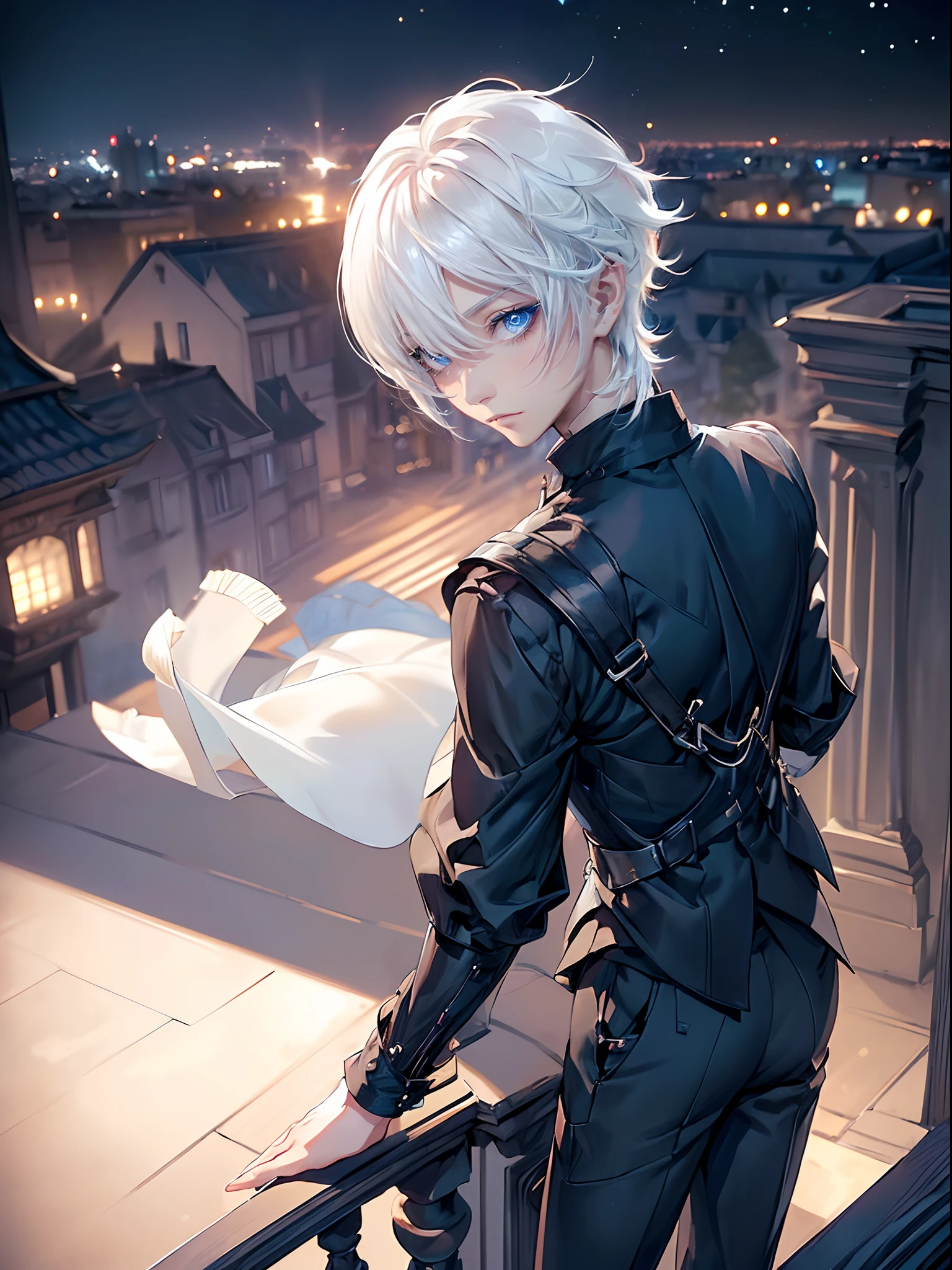 ((4K works))、masterpiece、(top-quality)、One Beautiful Boy、Slim body、tall、((Black Y-shirt and white pants、Charming street style))、(Detailed beautiful eyes)、Stylish English black balcony、Castle inhabited by villains、Black shop window、Balcony at night、((Starry sky in the background))、((dark sky))、((Fashionable city scenery at midnight))、((Standing on a stylish balcony and shooting))、mid night、((Face similar to Carly Rae Jepsen))、((Short-haired white hair))、((Smaller face))、((Neutral face))、((Bright blue eyes))、((American adult male))、((Adult male 26 years old))、((Cool Men))、((Like a celebrity))、((Wild look))、((Korean Makeup))、((elongated and sharp eyes))、((Happy dating))、((boyish))、((Upper body photography))、Professional Photos、((Shot alone))、((shot from back))、((Shot so that the back of the head is visible))、((Shot in close proximity to him))、((Focus zoom in))、((He is watching the sunset))、((He standing on the balcony))