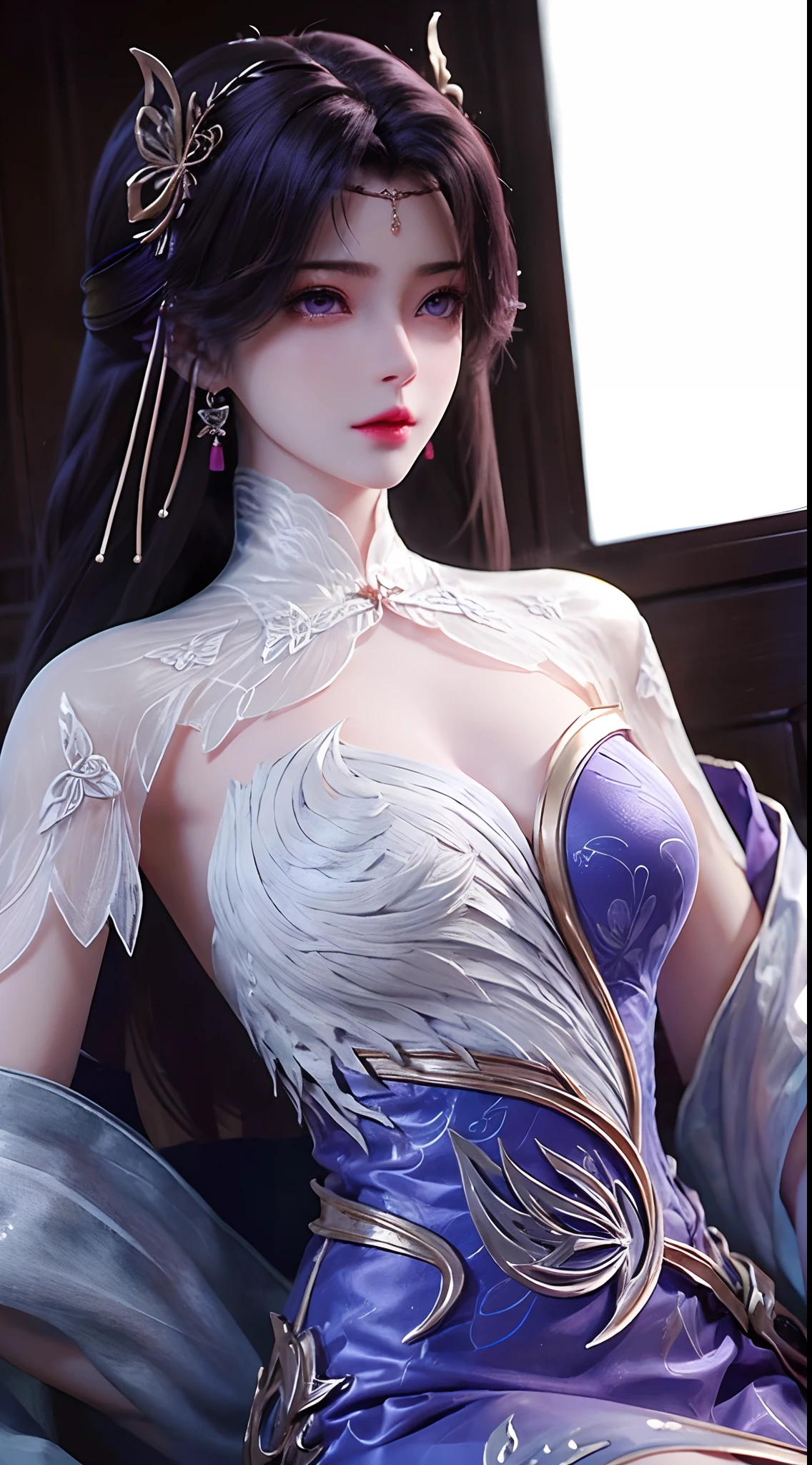 1 beautiful Van Hi girl in hanfu dress, A 27-year-old girl with an old lady's face, korean-doll, Thin purple silk shirt，Multi-white texture, white lace top, long platinum purple ponytail, hair adornments, ear jewelry, necklace and necklace , Carefully drawn large light purple eyes, meticulous makeup, Thin eyebrows, High nose, Nice red lips, Without smiling, pursed lips, rosycheeks, Enlarged breasts, Huge breasts, Well-proportioned breasts, Slim waist, purple mesh socks, chinese hanfu style, fictitious art textures, vivid and realistic colors, RAW photos, Realistic photos, ultra high quality 8k surreal photos, Fantastic lighting effects, 10x pixel, Magic effects (Historical architectural background: 1.8), Super detailed eyes, girl portrait, Girl Alone, (Historical Hanfu: 1.8)