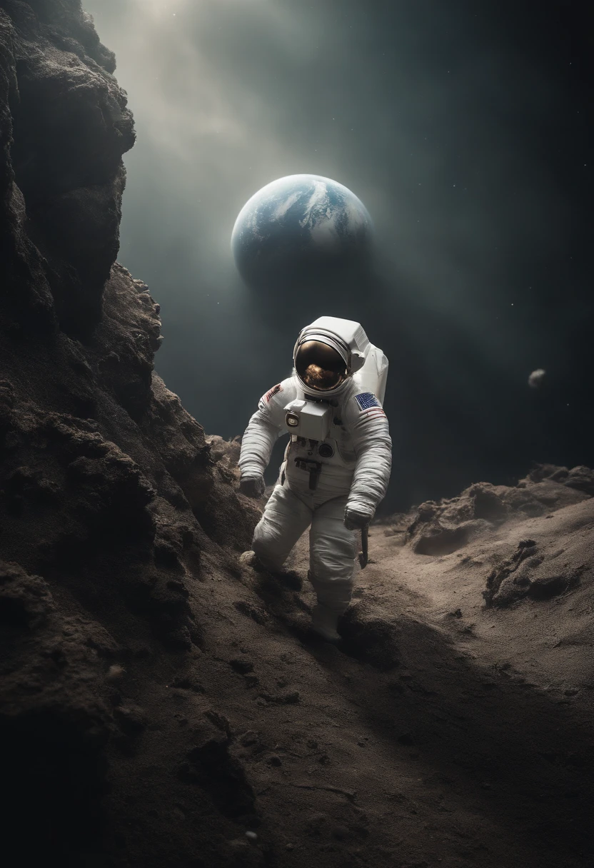 4k, Realistic, Muito Detalhe, there is a man holding a baby in his lap, They're on the moon, They are astronauts, galaxy theme, roupas de astronauta, corpo inteiro. Pai e filho rescem nascido astronauta