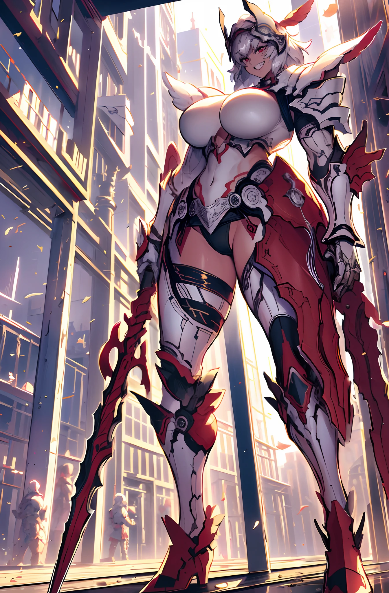 4k, highly detailed, anime style, HDR, subsurface scattering, in a temple, temple being destroyed, Greek temple on fire background, (masterpiece, best quality:1.2), caenis,( fgo stage 3), 1girl, big breasts, looking at fires, smile, short hair, white hair, bangs, red eyes, animal ears, open clothes, hairband, grin, (gold armor), body markings, white nails, epic scene, tall girl,full body, darskinned-female, crazy smile, staff holding, standing, musclegirl, forest