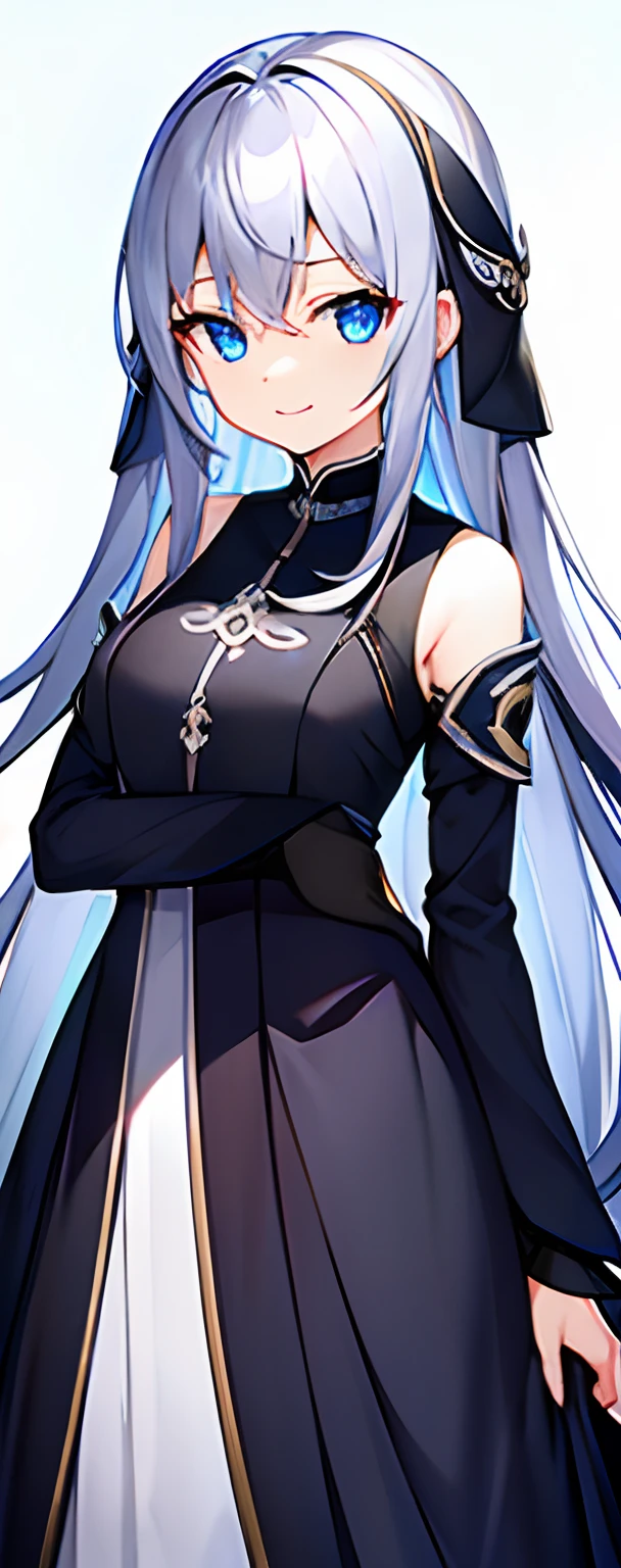infp young woman、long silver hair、Blue eyes、Black Long Dress、With collar、A slight smil、(((Twin-tailed)))、Monastic uniforms