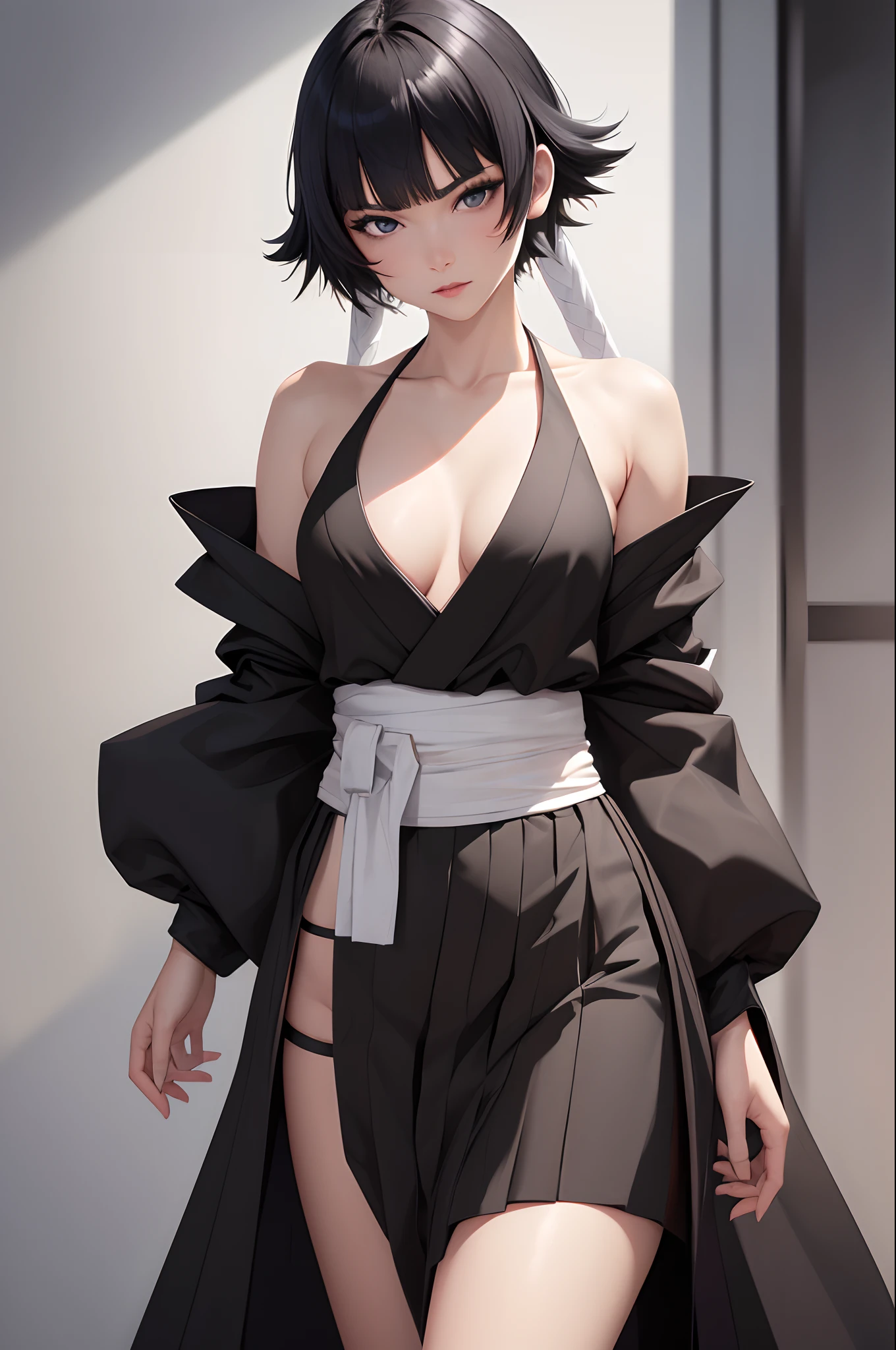 (Masterpiece), (Best quality), (Beautiful eyes and face), (Perfect female body), (Shiny skin), Off-the-shoulder attire，Close-up shot，sportrait，1girll, Solo, Black hair, Short hair, bobbed long hair, With gray eyes,black kimono, Sleeveless, white sash, Black hakama skirt, (Long skirt:1.2), cleavage