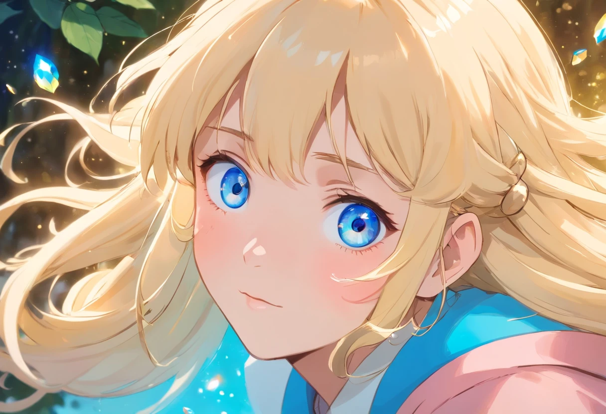 A rather long blonde girl, blue eyes, Large round and glittering. Her eyes always glowed with gentleness along with pinkish white skin. She has graceful dimpled cheeks, in addition to a small but strong body. She has long and slender legs