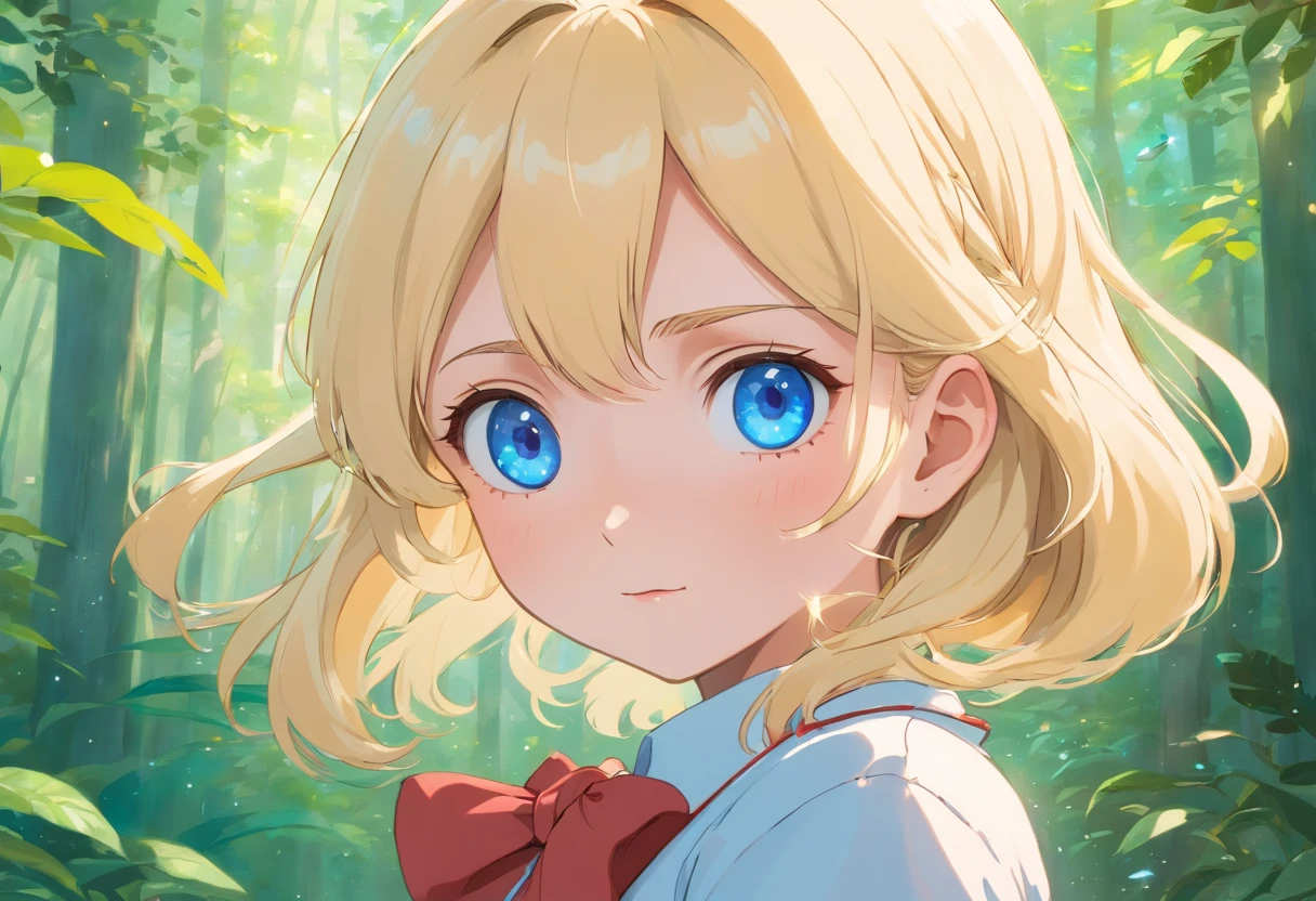 A rather long blonde schoolgirl, blue eyes, Large round and glittering. Her eyes always glowed with gentleness along with pinkish white skin. She has graceful dimpled cheeks, in addition to a small but strong body. She has long and slender legs