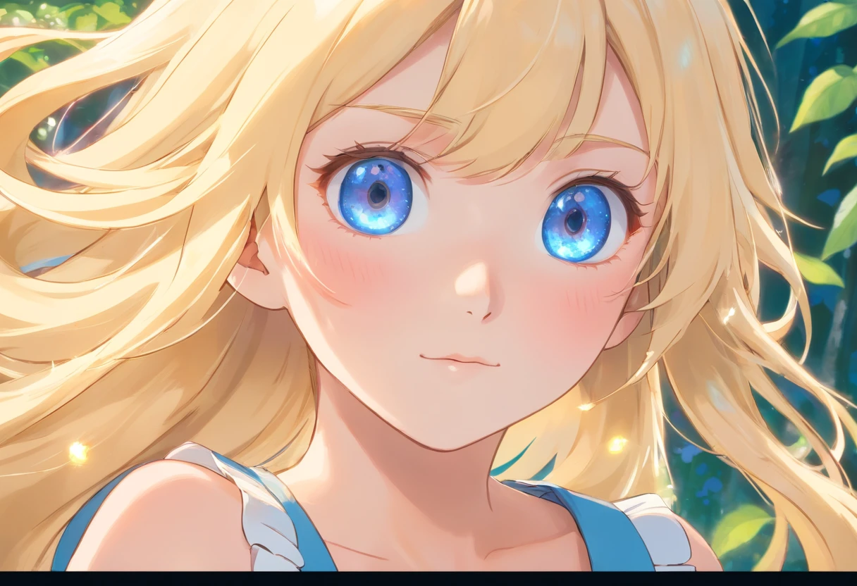 A rather long blonde schoolgirl, blue eyes, Large round and glittering. Her eyes always glowed with gentleness along with pinkish white skin. She has graceful dimpled cheeks, in addition to a small but strong body. She has long and slender legs