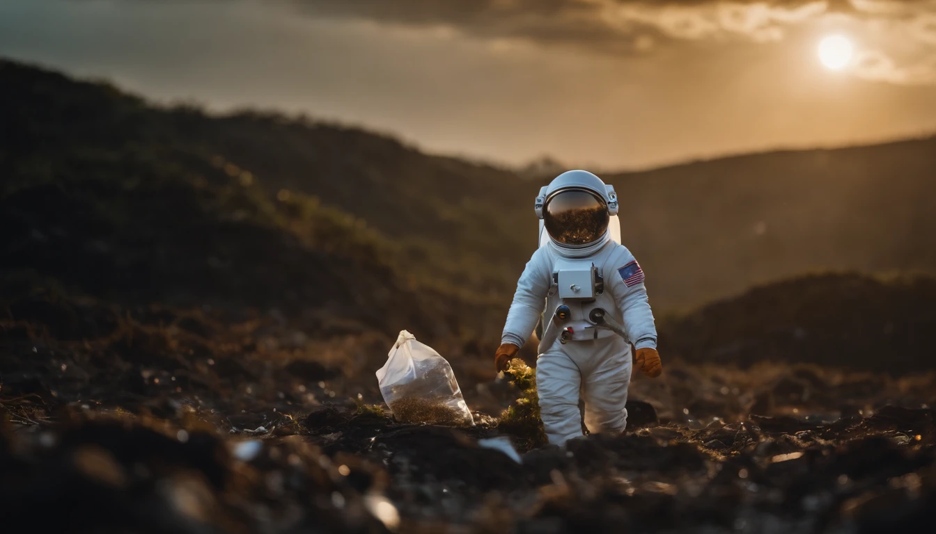 (((Planet Earth polluted with plastic with a small astronaut cleaning the planet with a suit written dld reverse log ))}, melhor qualidade, alta qualidade, high resolution