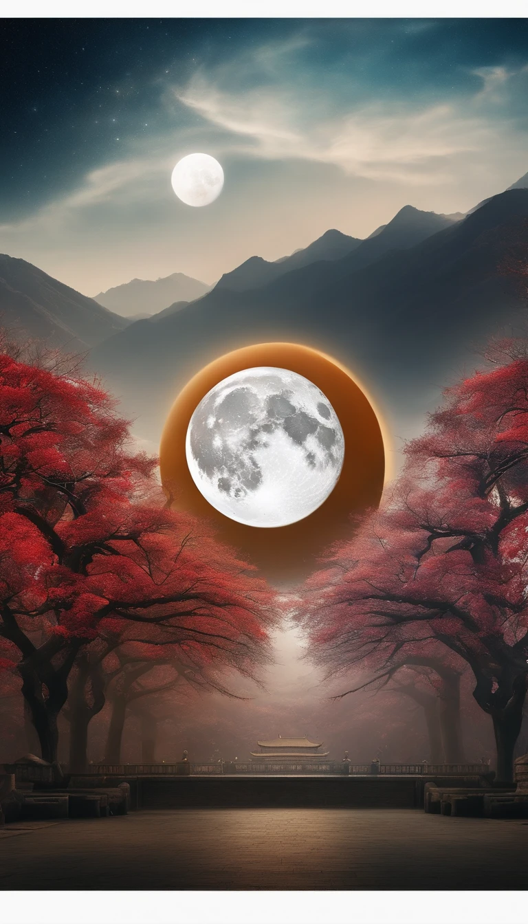 A poster  On top is a moon, Chinese background, Leave white space, from above, from below, high quality, UHD